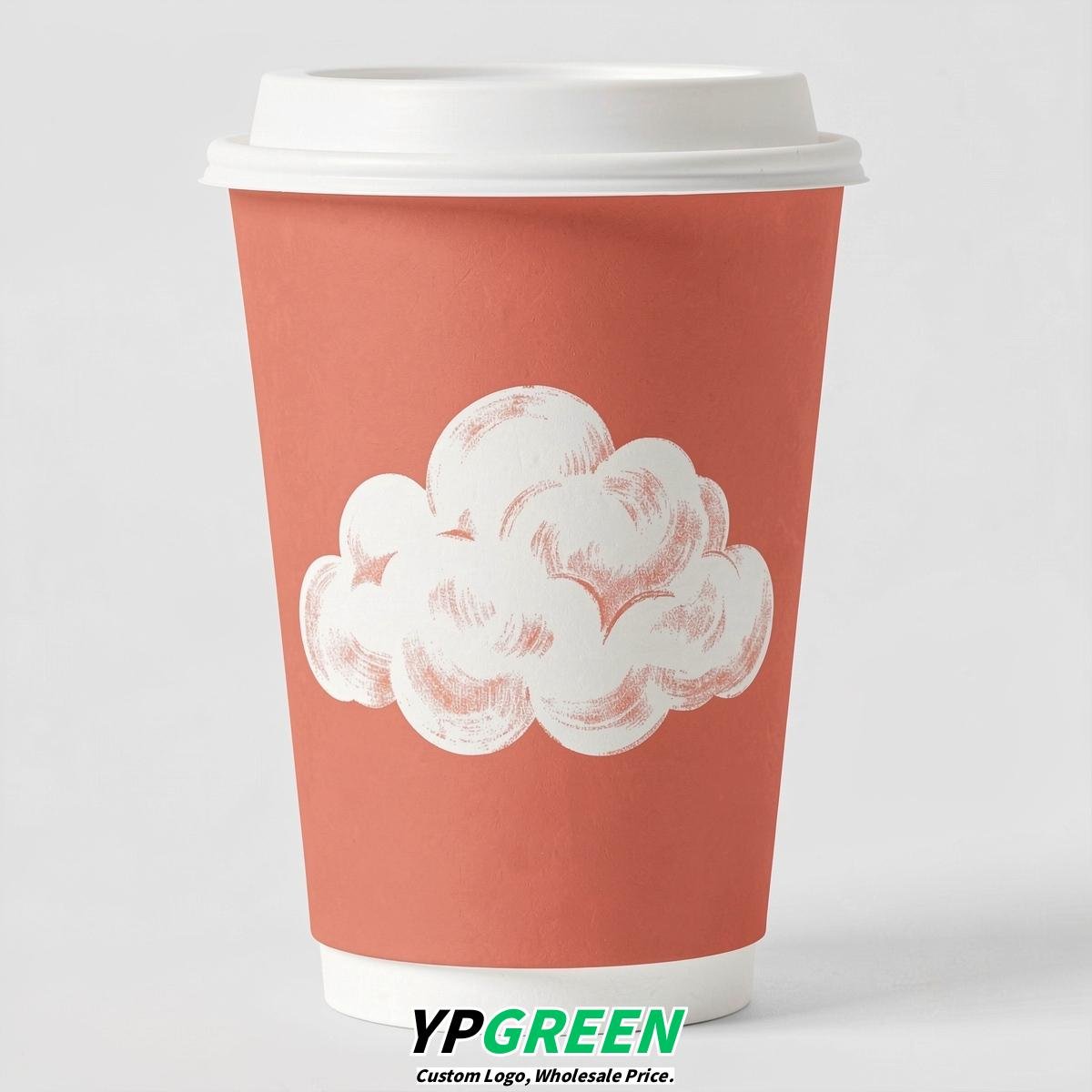 Coral Paper Cups with Clouds Logo & Lids 8-24oz