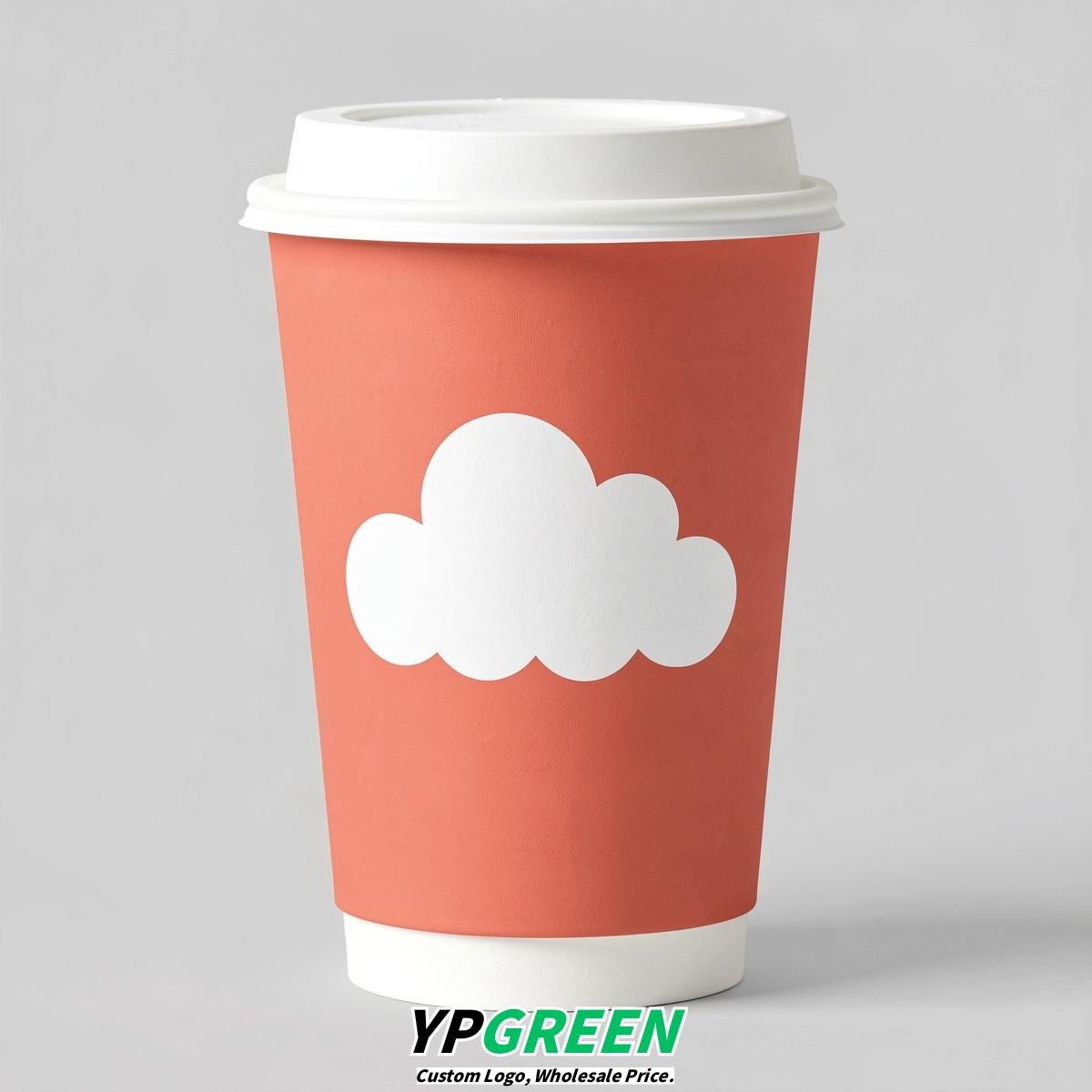 Coral Paper Cups with Clouds Logo & Lids 8-24oz