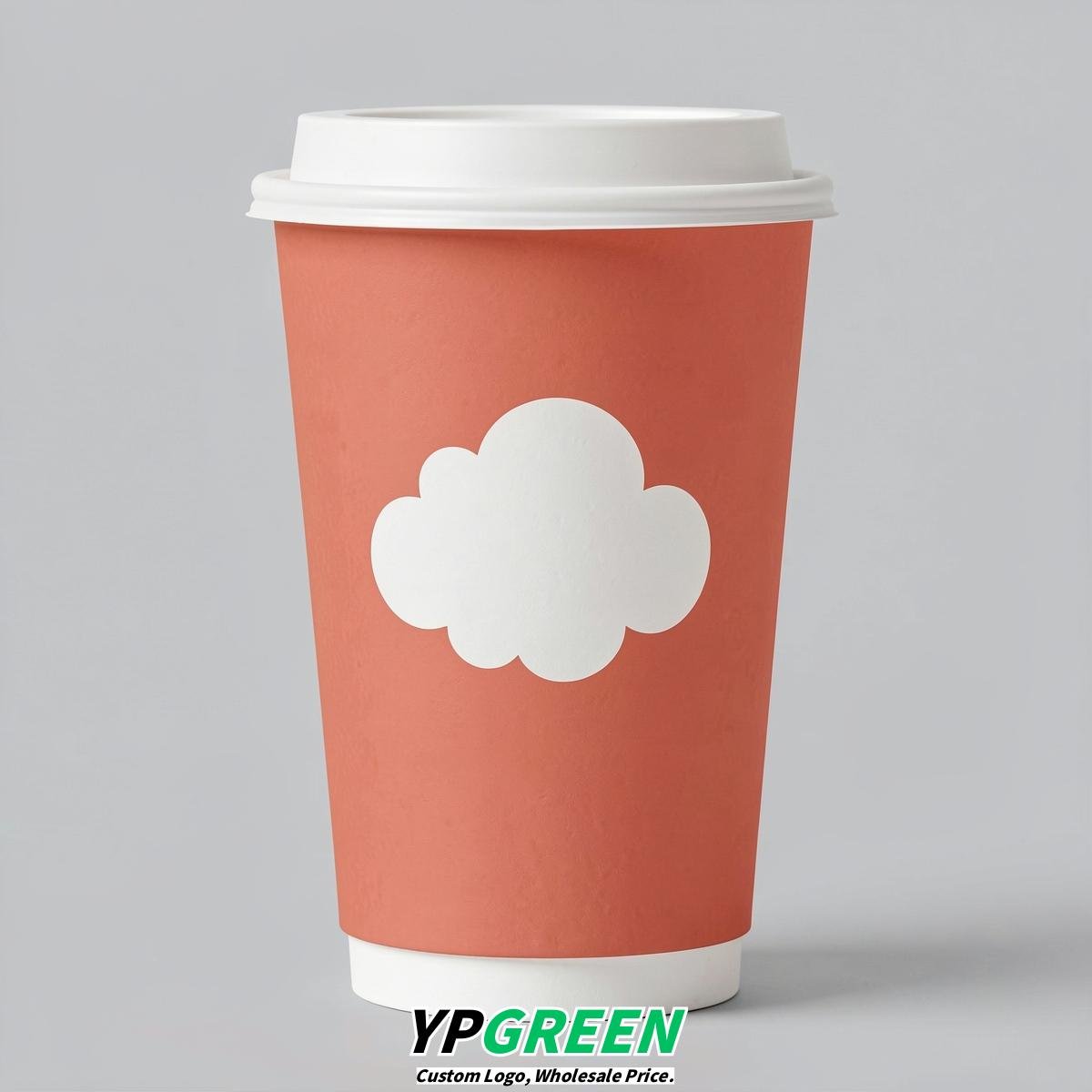 Coral Paper Cups with Clouds Logo & Lids 8-24oz
