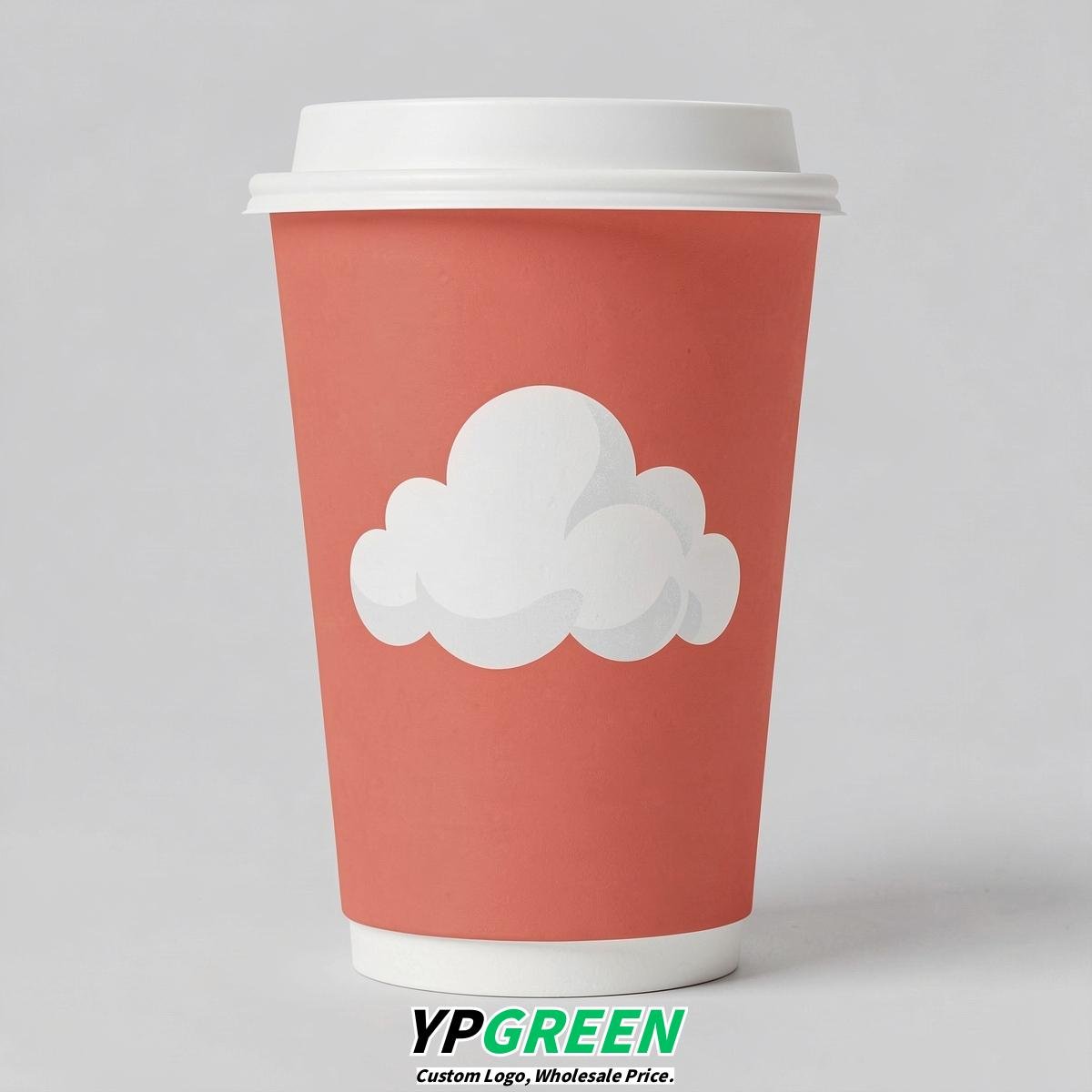 Coral Paper Cups with Clouds Logo & Lids 8-24oz