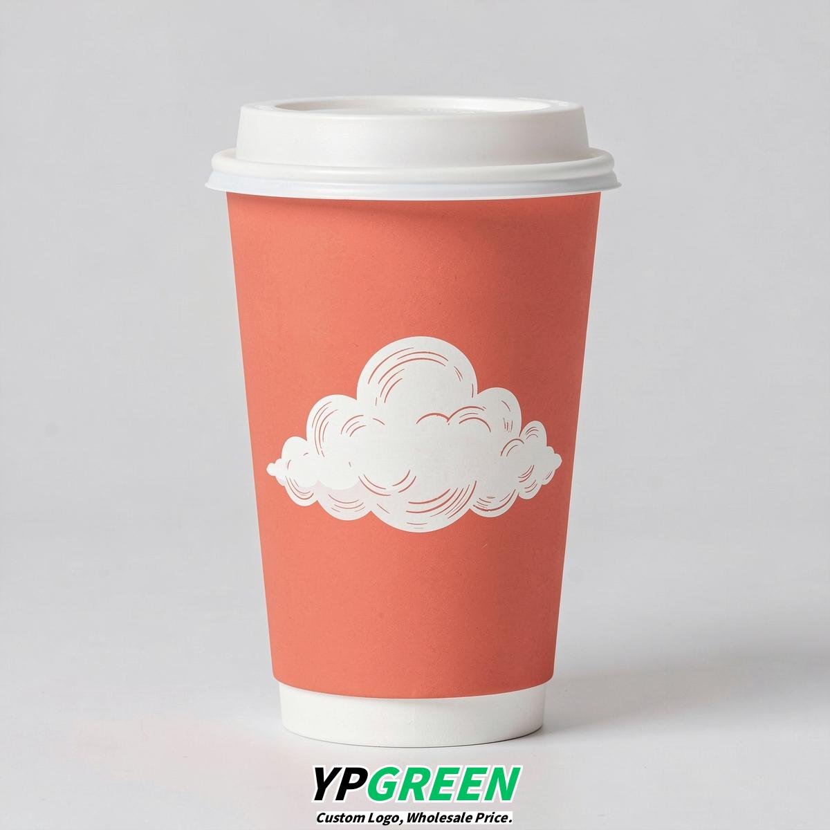 Coral Paper Cups with Clouds Logo & Lids 8-24oz