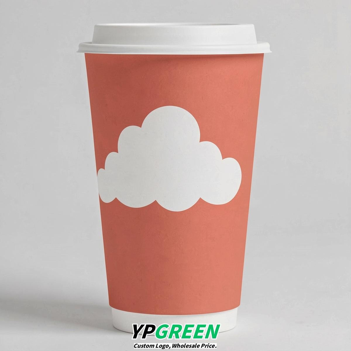 Coral Paper Cups with Clouds Logo & Lids 8-24oz