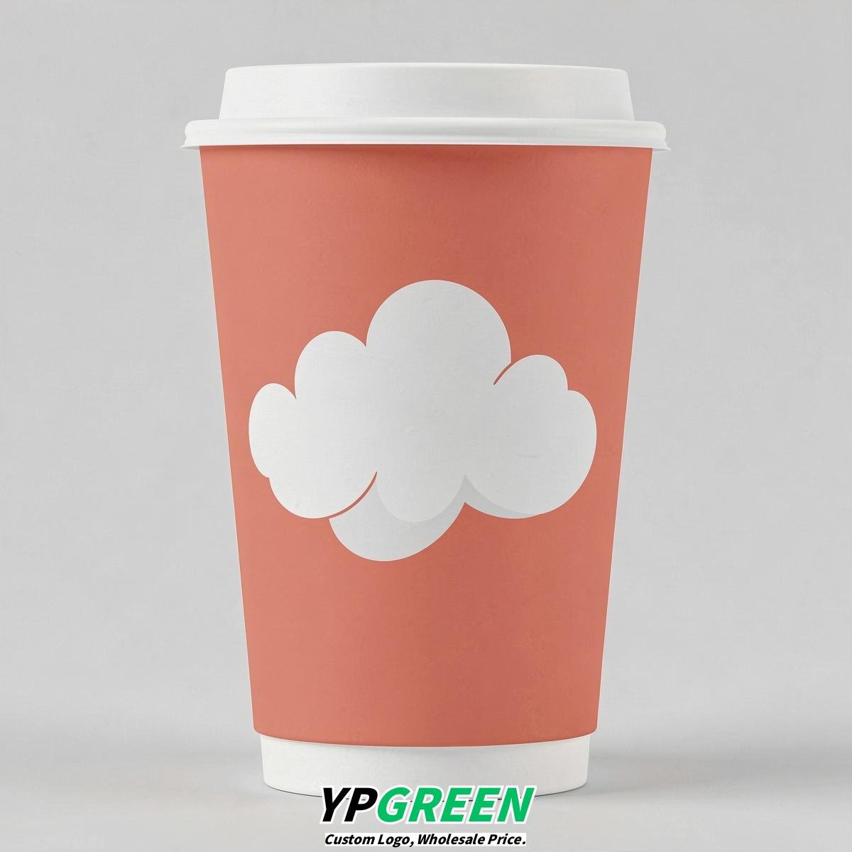 Coral Paper Cups with Clouds Logo & Lids 8-24oz