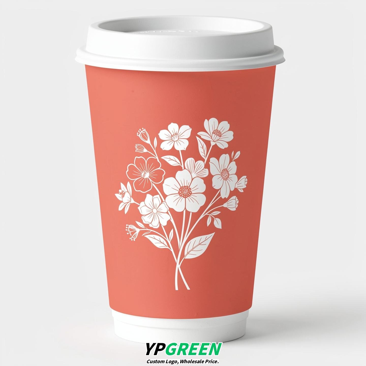 Coral Floral Paper Cups with Lids 8-24oz