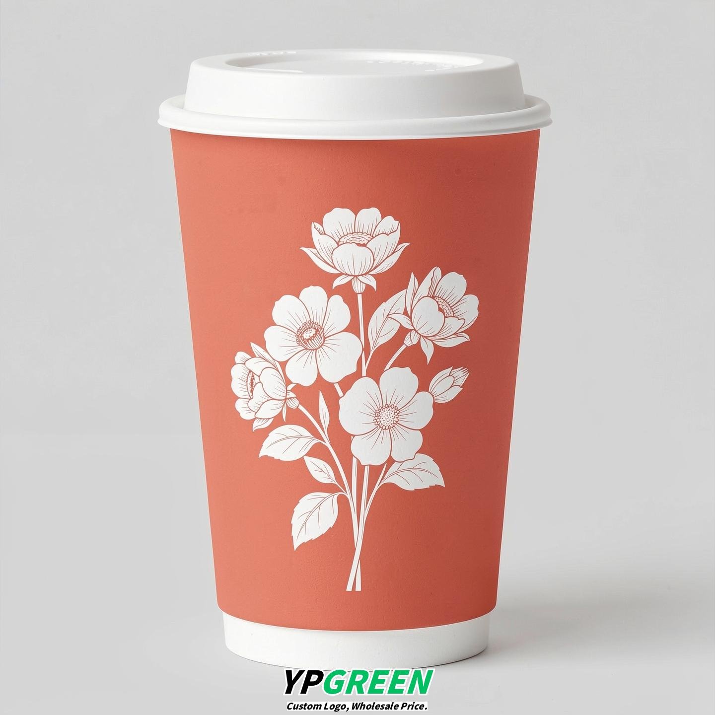 Coral Floral Paper Cups with Lids 8-24oz