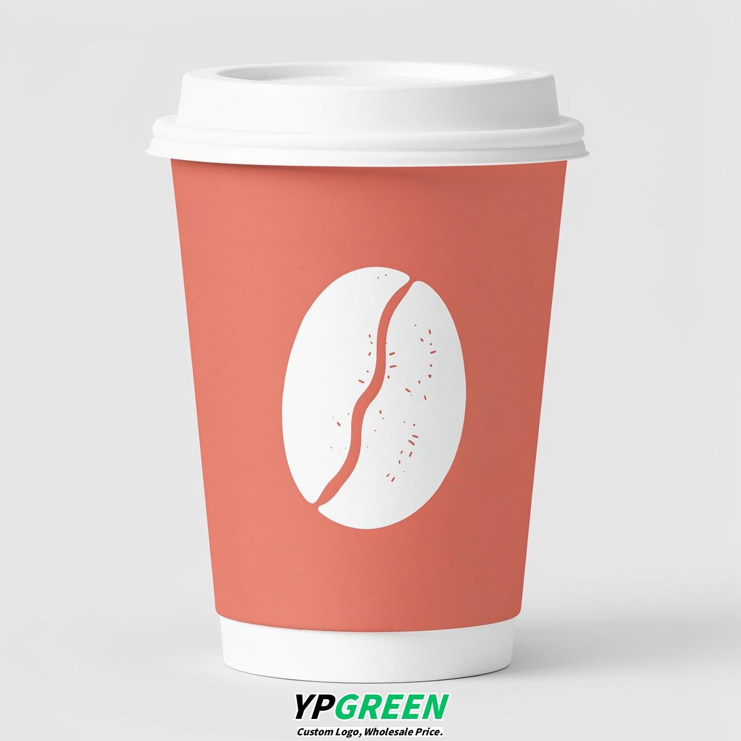 Coral Paper Cups with Coffee Bean Logo & Lids 8-24oz