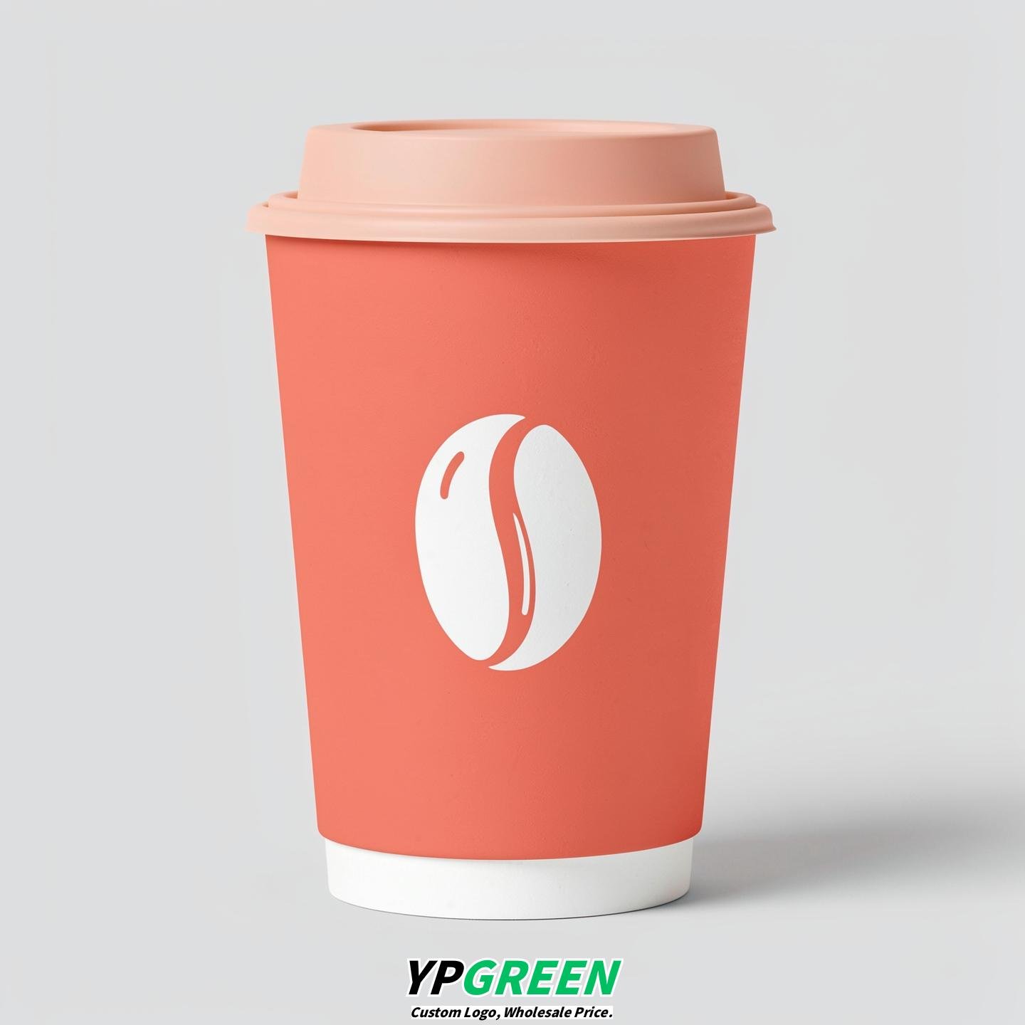 Coral Paper Cups with Coffee Bean Logo & Lids 8-24oz