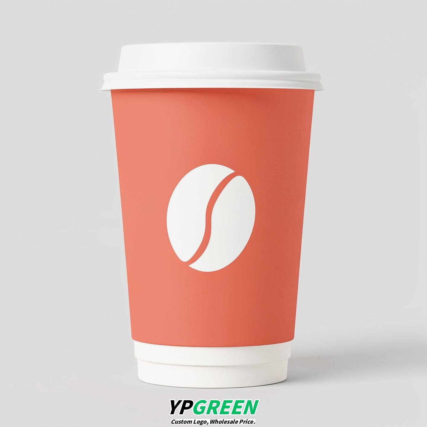Coral Paper Cups with Coffee Bean Logo & Lids 8-24oz