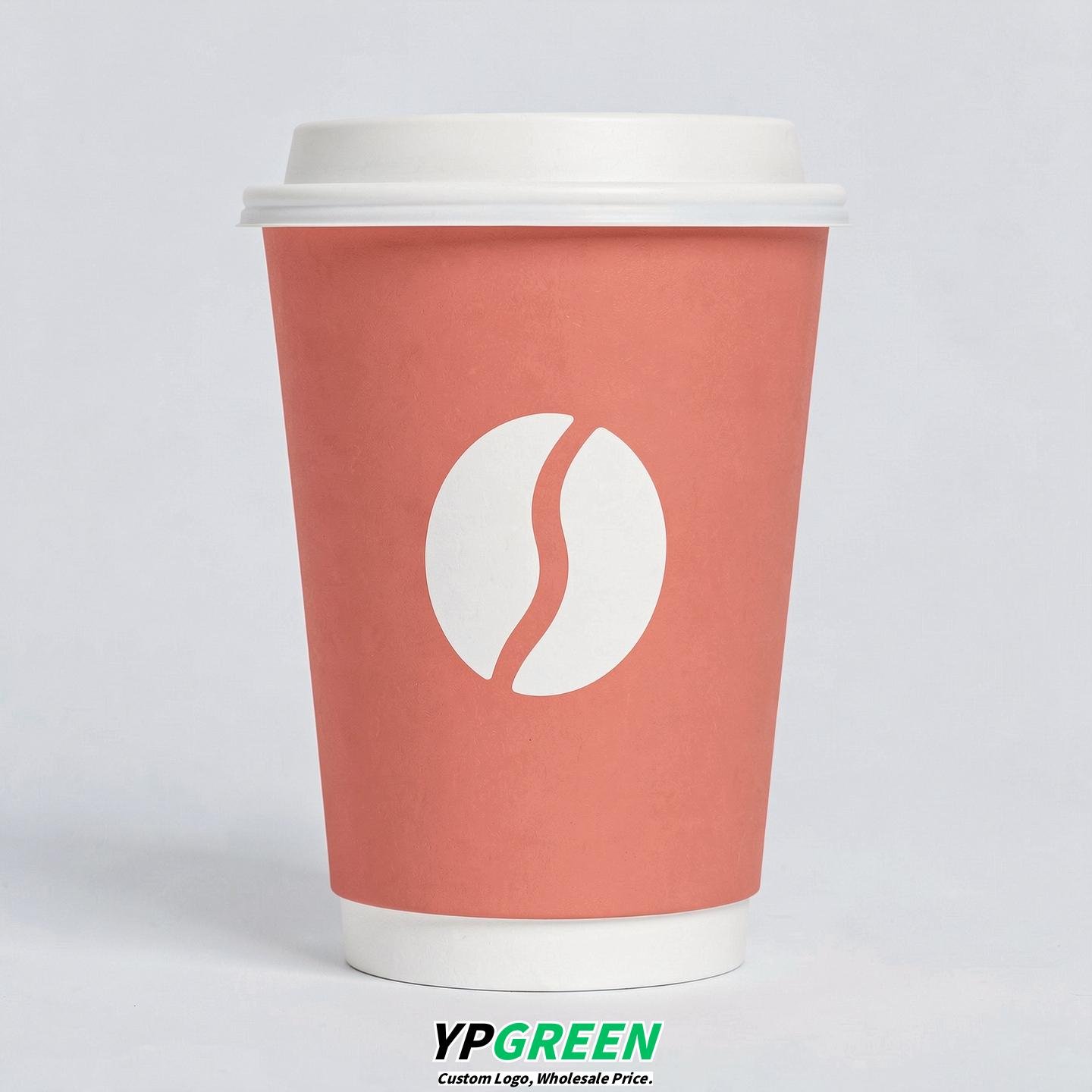 Coral Paper Cups with Coffee Bean Logo & Lids 8-24oz