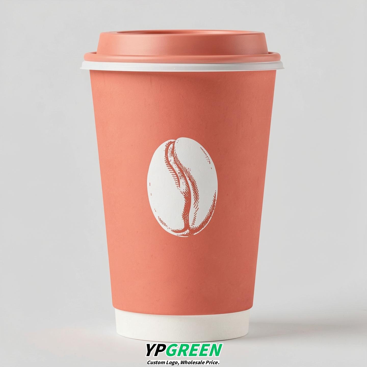Coral Paper Cups with Coffee Bean Logo & Lids 8-24oz