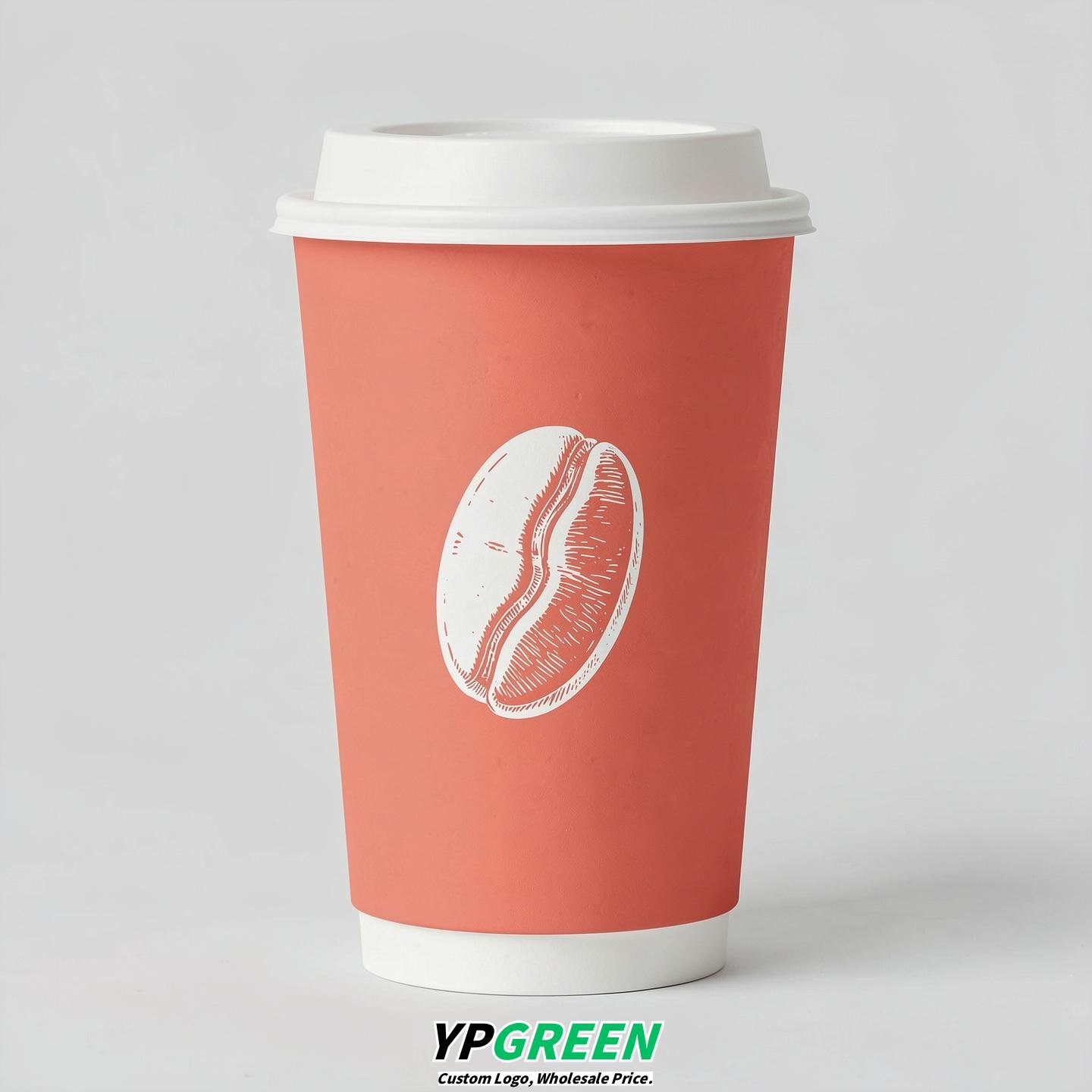 Coral Paper Cups with Coffee Bean Logo & Lids 8-24oz