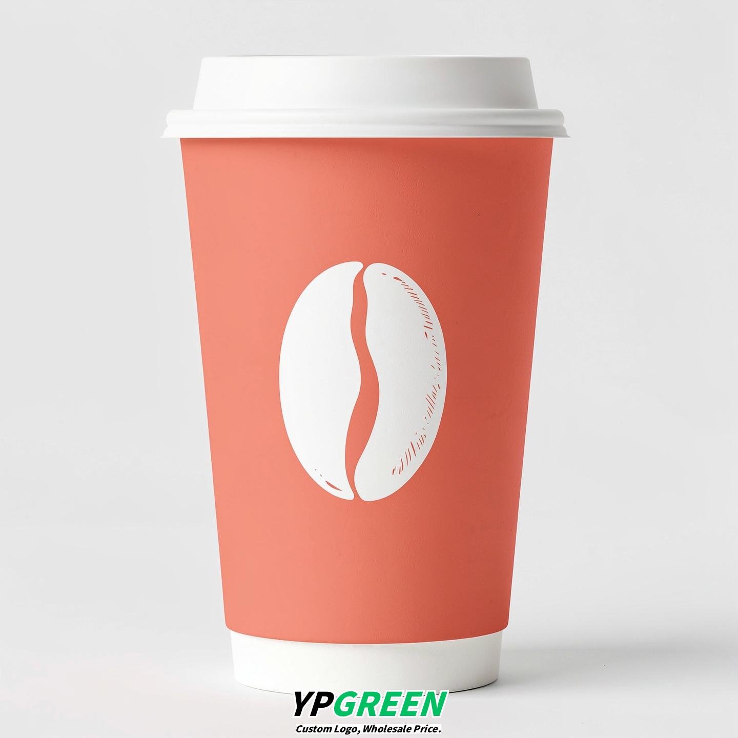 Coral Paper Cups with Coffee Bean Logo & Lids 8-24oz
