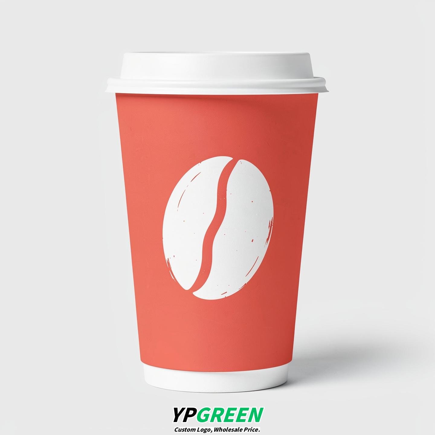 Coral Paper Cups with Coffee Bean Logo & Lids 8-24oz