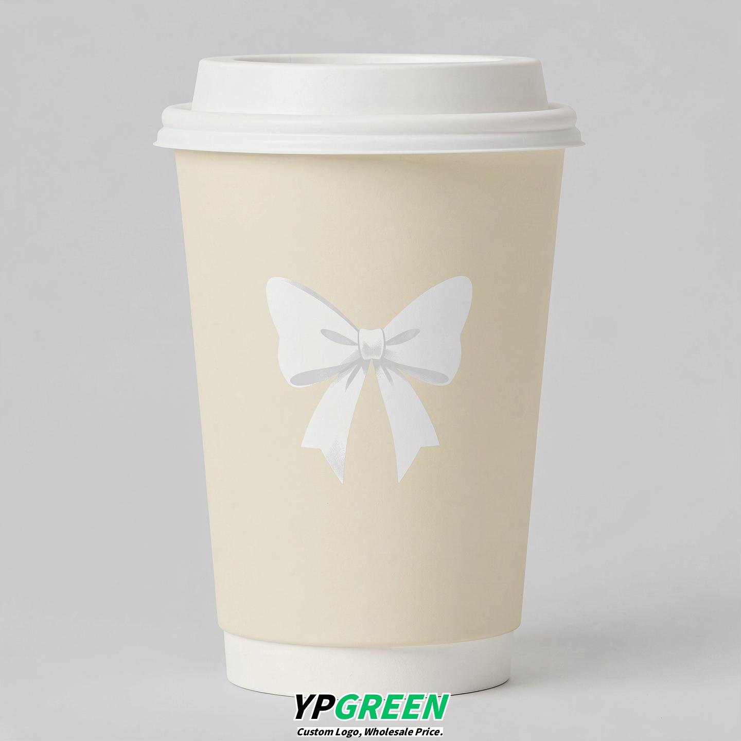 Cream Paper Cups with Bow Logo & Lids 8-24oz