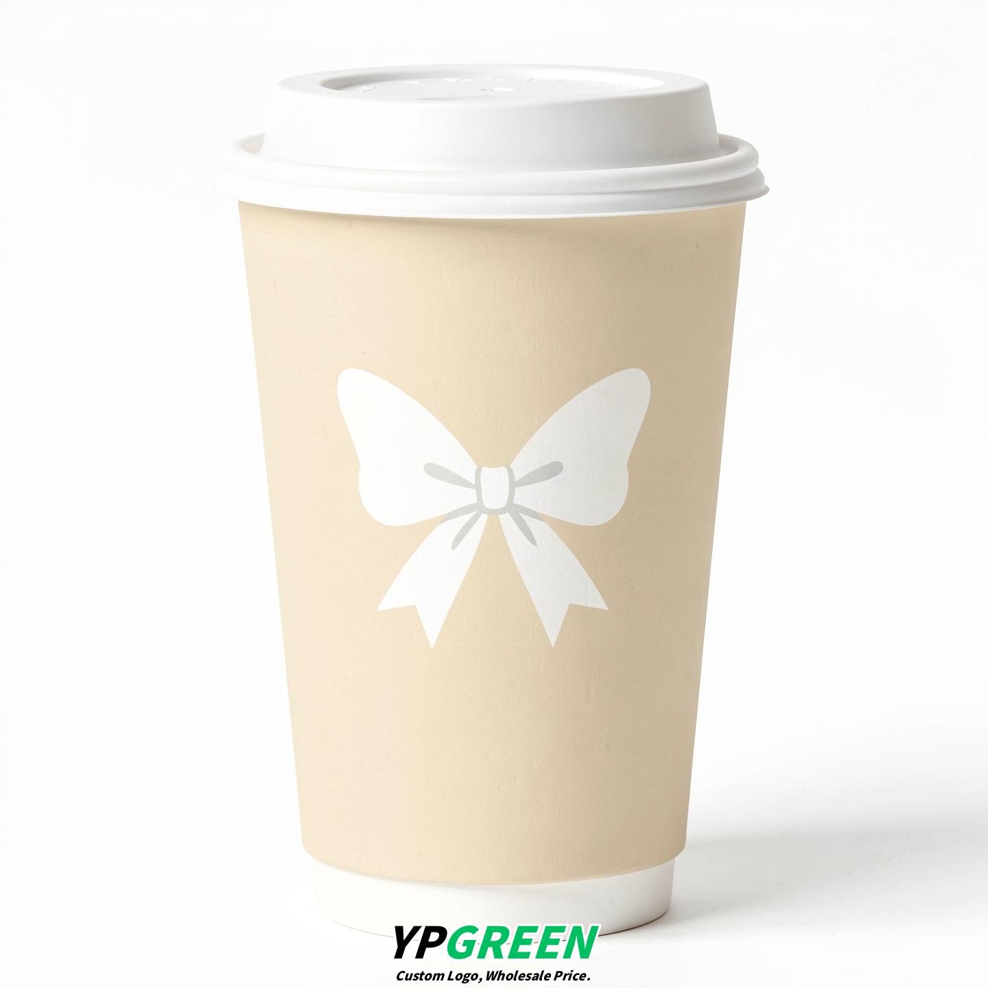 Cream Paper Cups with Bow Logo & Lids 8-24oz