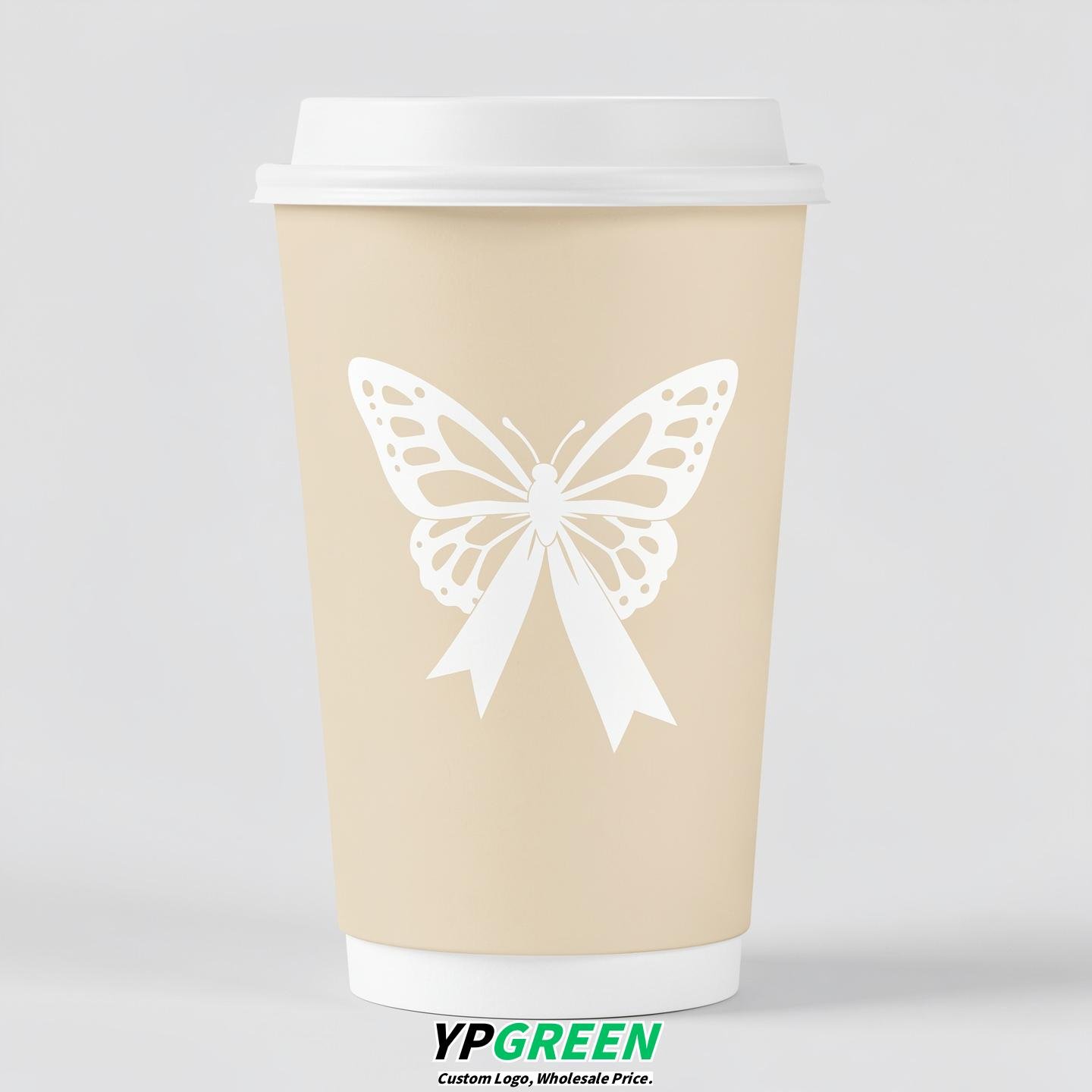 Cream Paper Cups with Bow Logo & Lids 8-24oz