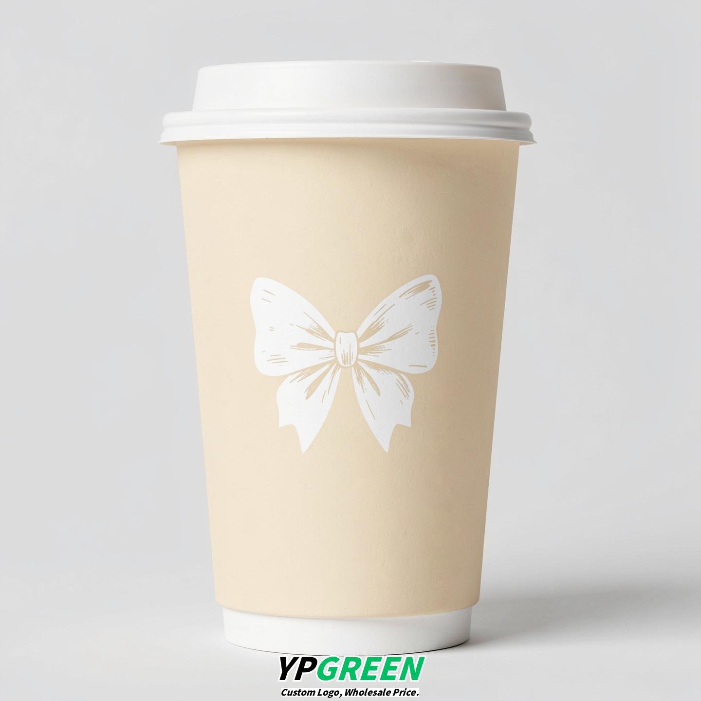 Cream Paper Cups with Bow Logo & Lids 8-24oz
