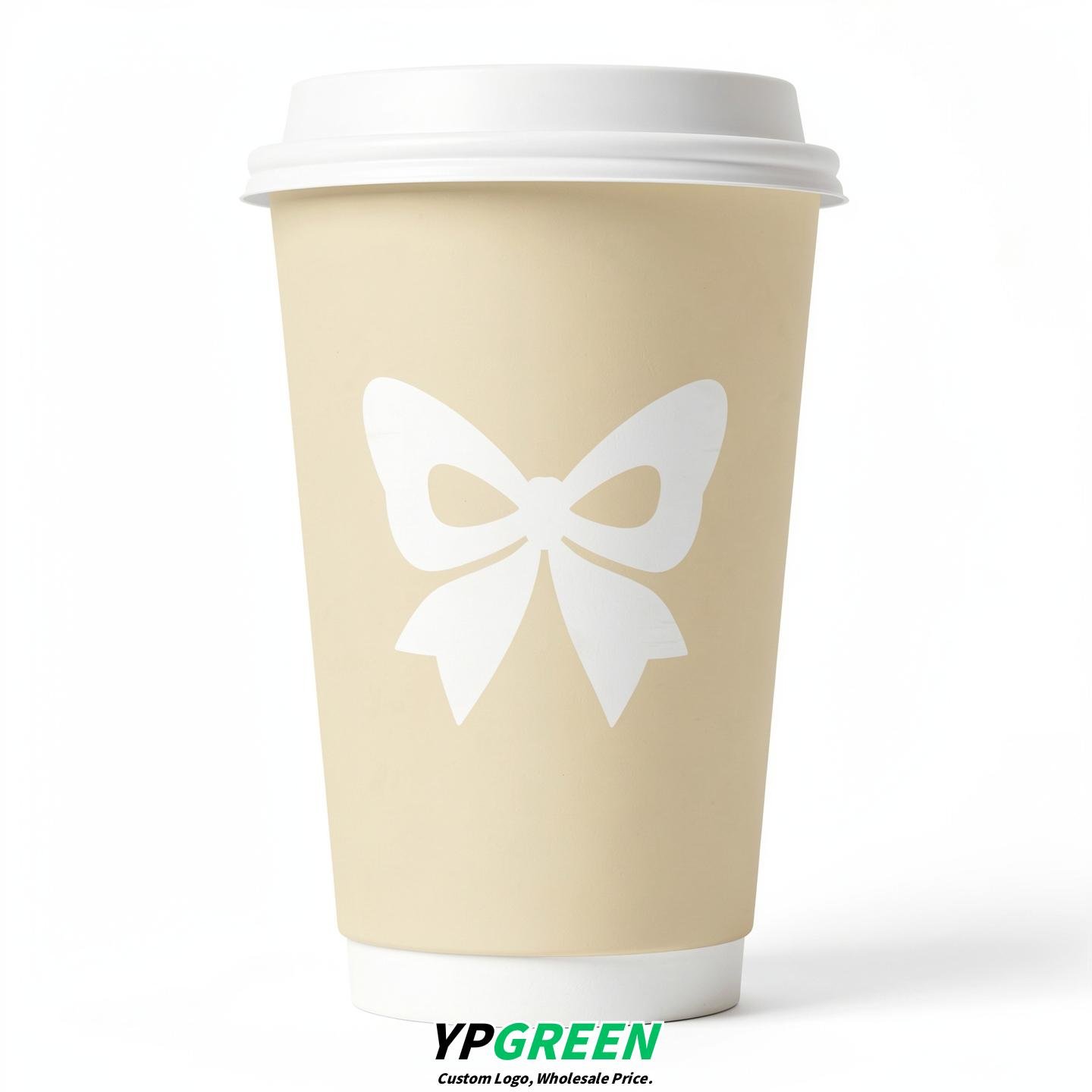 Cream Paper Cups with Bow Logo & Lids 8-24oz