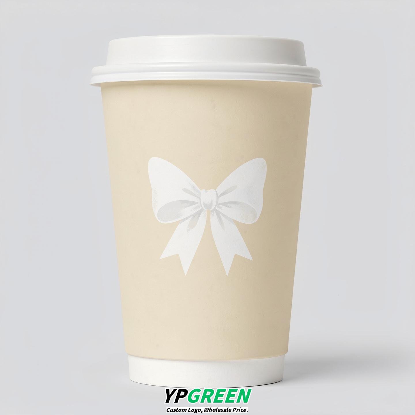 Cream Paper Cups with Bow Logo & Lids 8-24oz