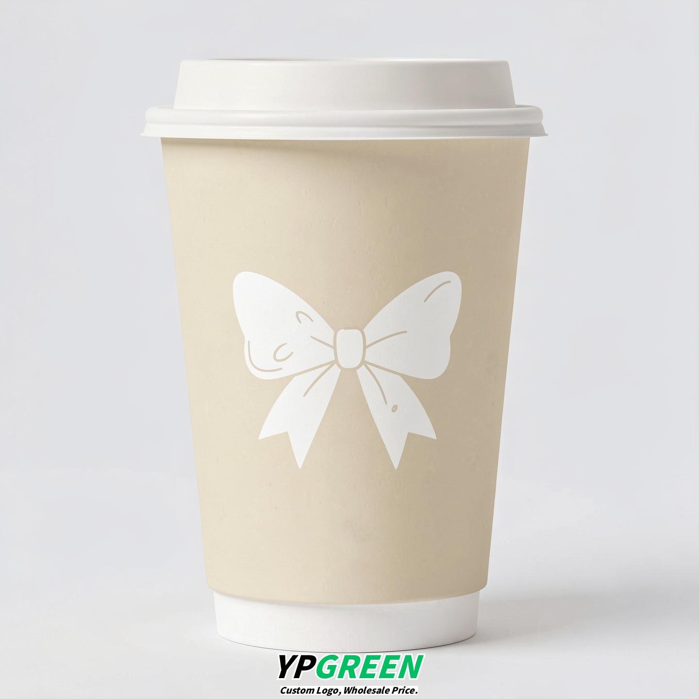 Cream Paper Cups with Bow Logo & Lids 8-24oz
