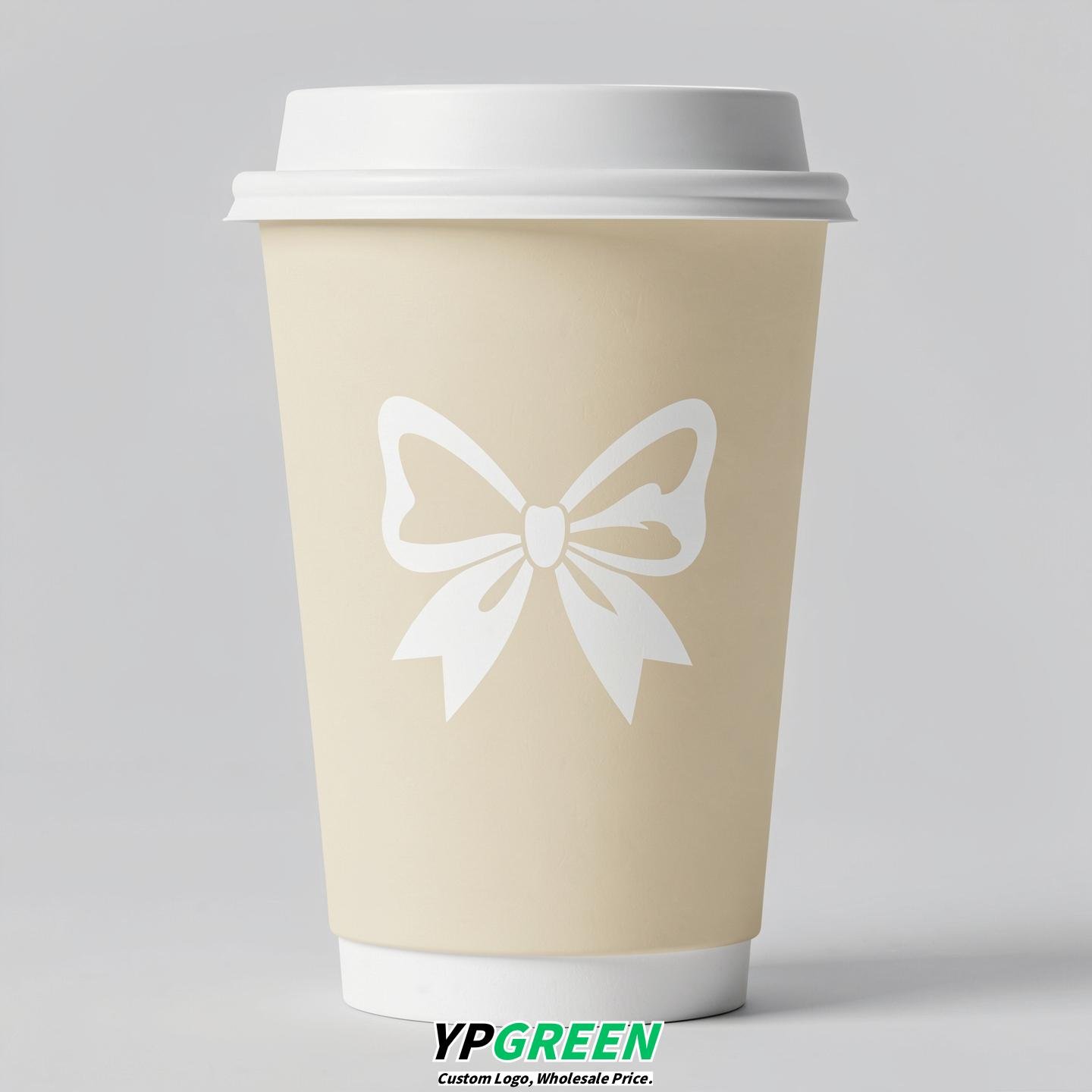 Cream Paper Cups with Bow Logo & Lids 8-24oz