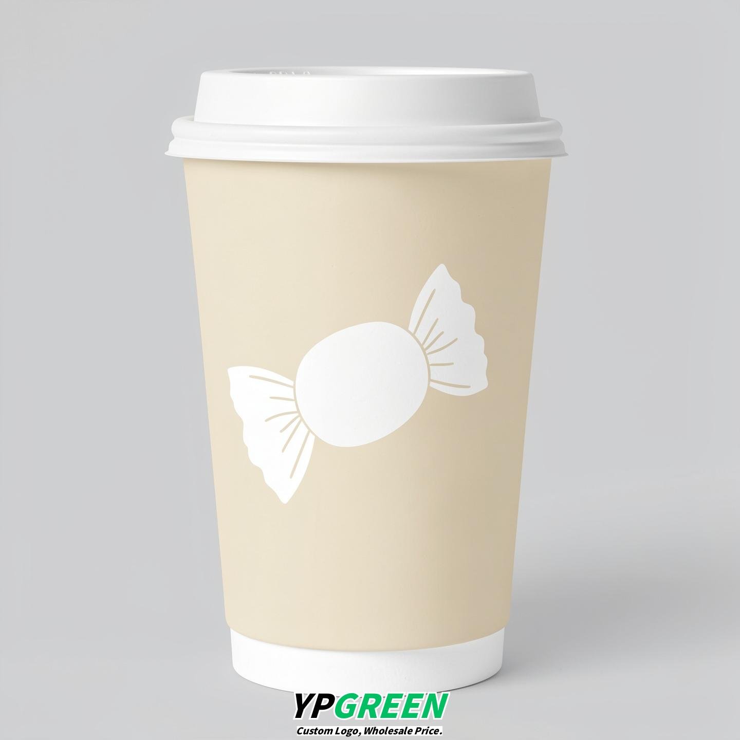 Cream Paper Cups with Candy Logo & Lids 8-24oz