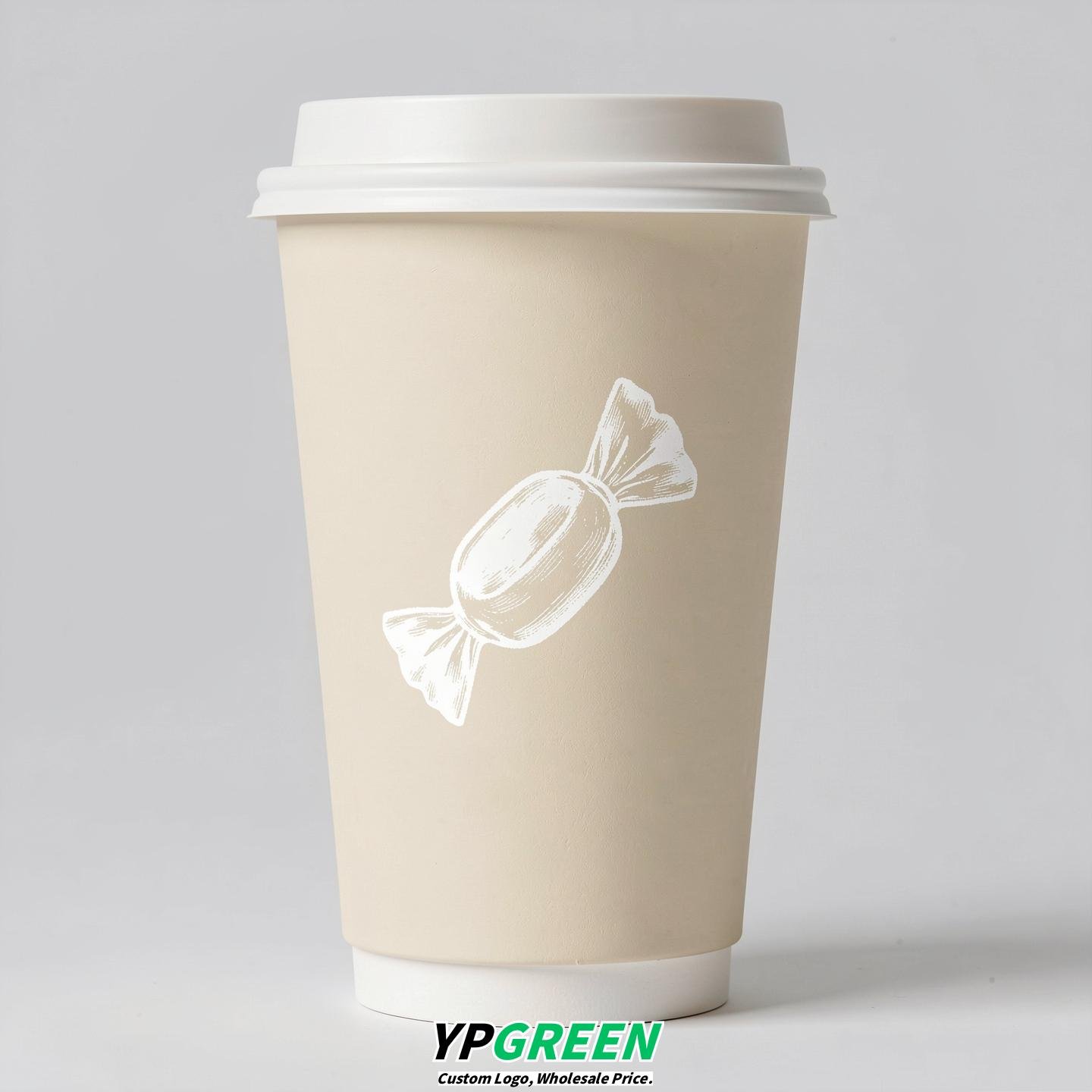 Cream Paper Cups with Candy Logo & Lids 8-24oz