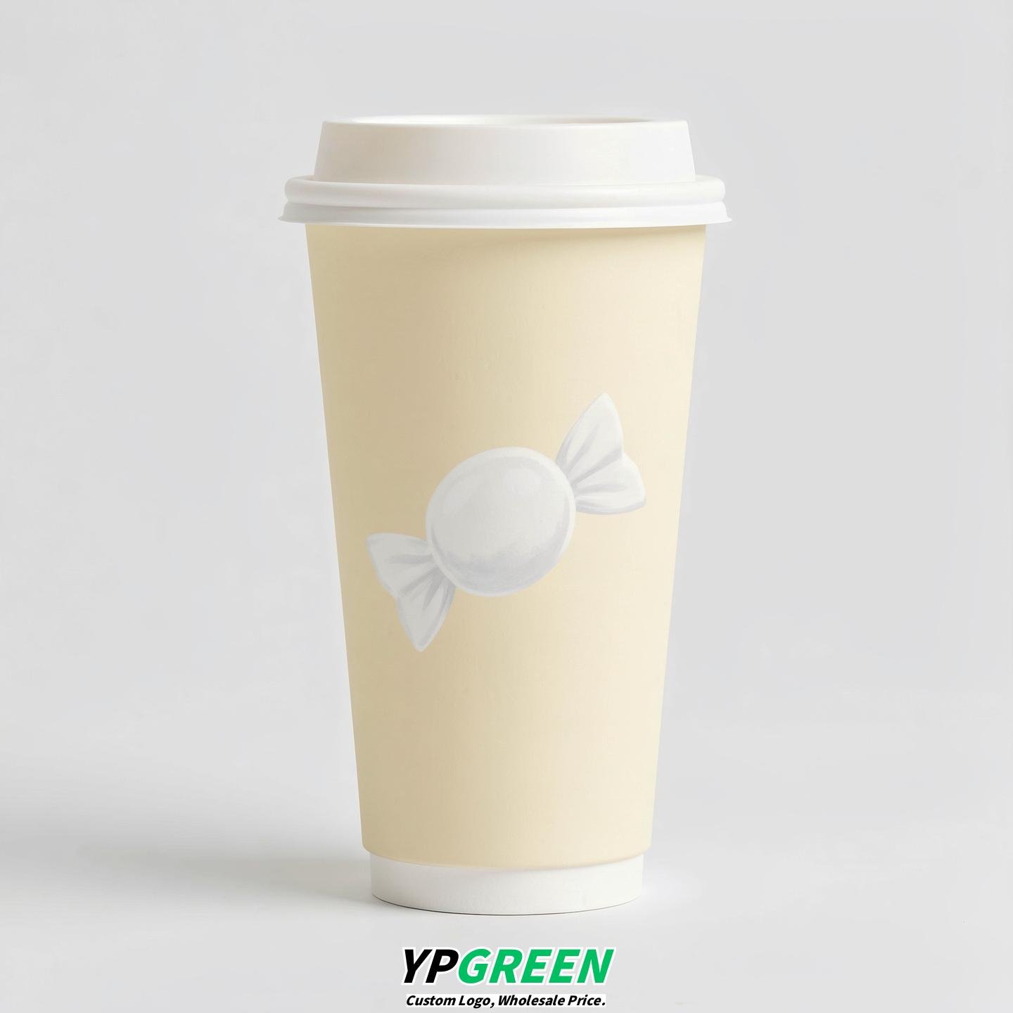 Cream Paper Cups with Candy Logo & Lids 8-24oz