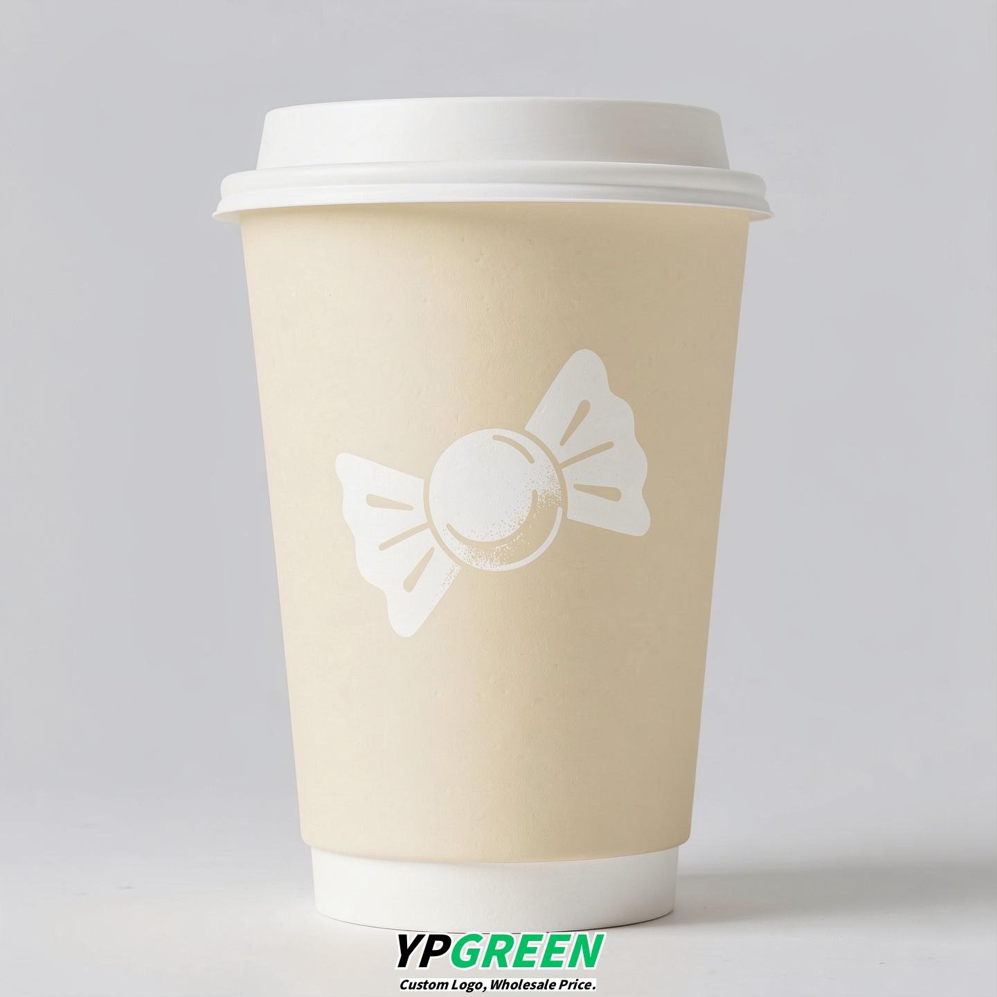 Cream Paper Cups with Candy Logo & Lids 8-24oz