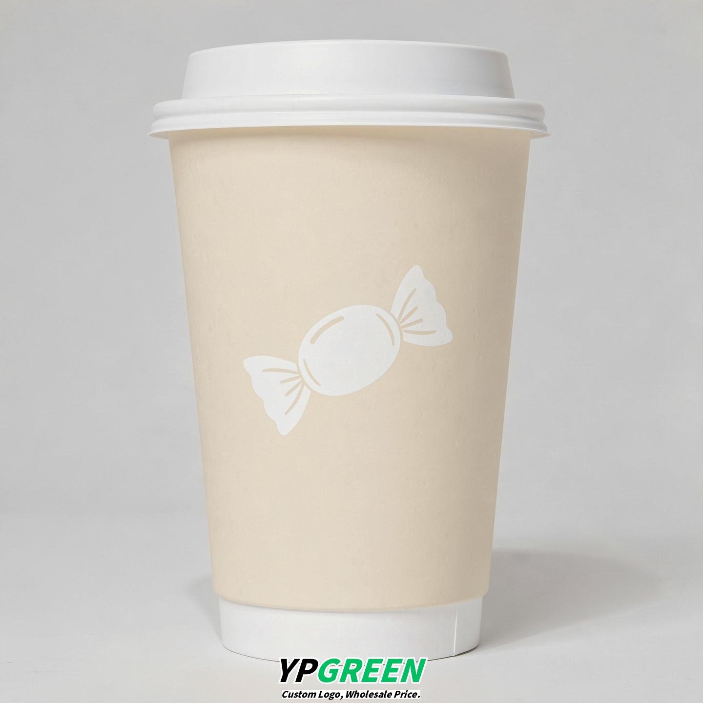 Cream Paper Cups with Candy Logo & Lids 8-24oz