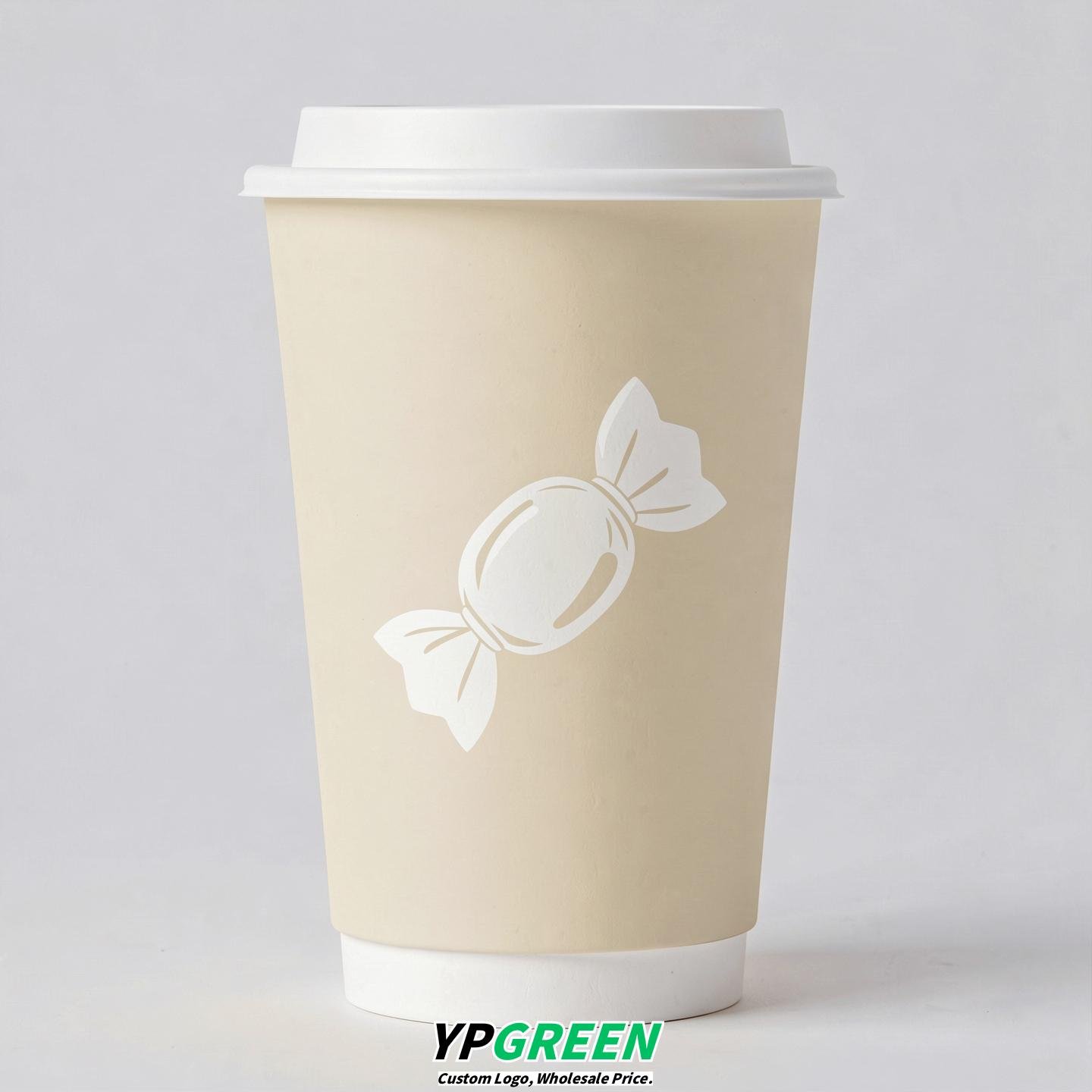 Cream Paper Cups with Candy Logo & Lids 8-24oz