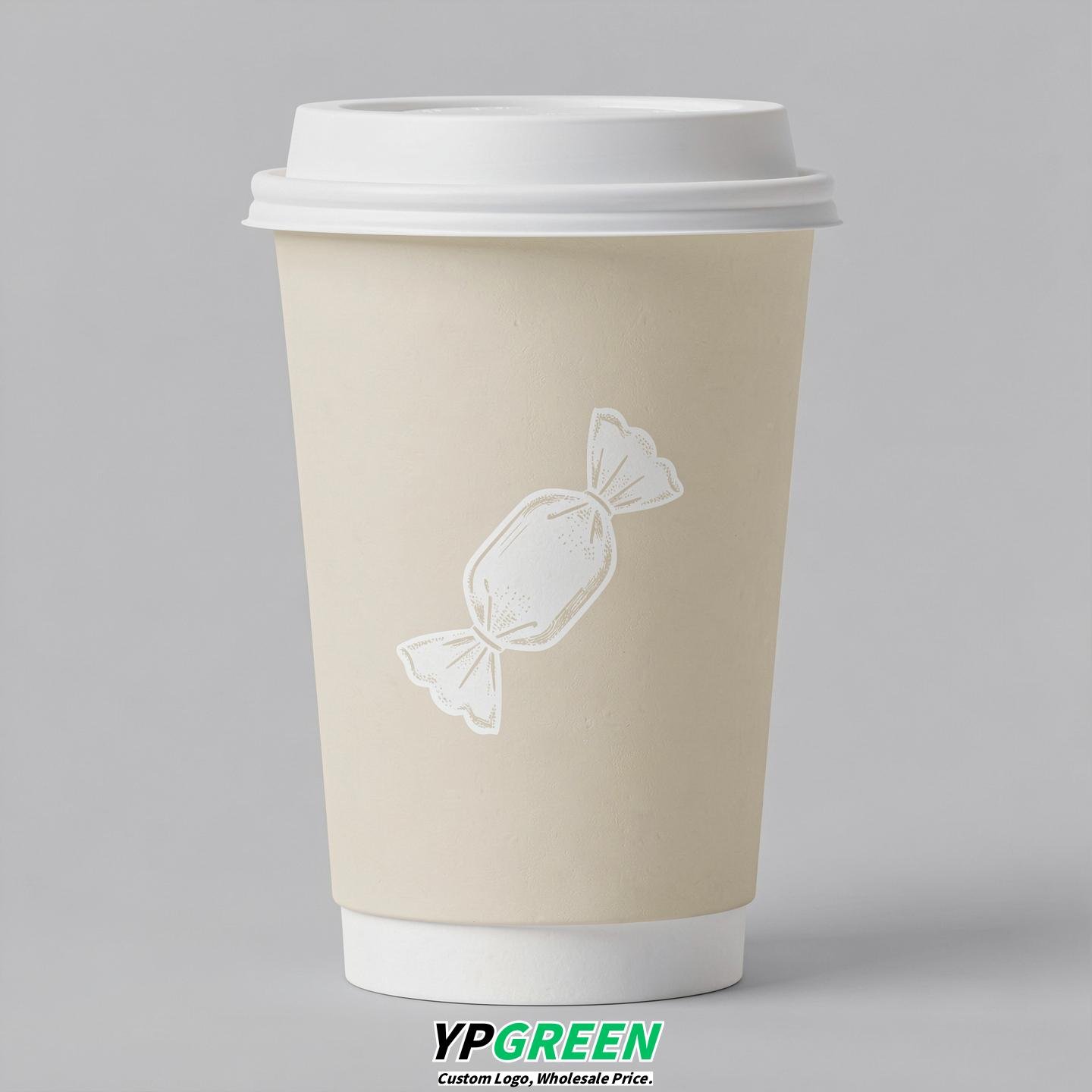 Cream Paper Cups with Candy Logo & Lids 8-24oz