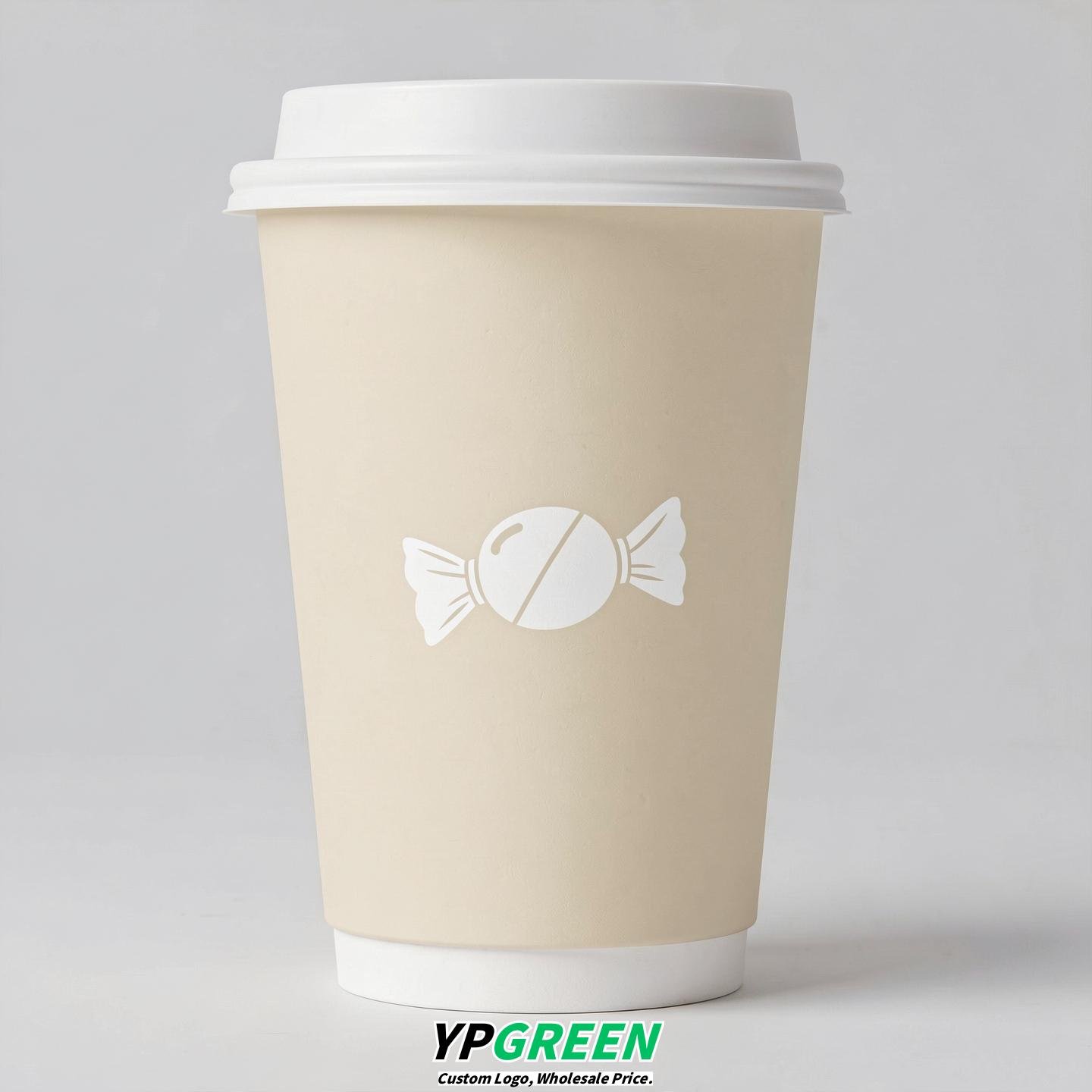 Cream Paper Cups with Candy Logo & Lids 8-24oz Cream Paper Cups with Candy Logo & Lids 8-24oz