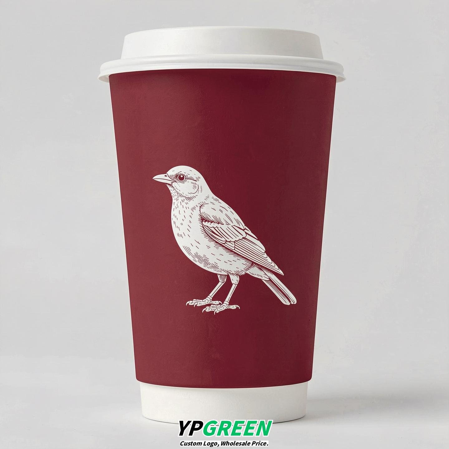 Crimson Paper Cups with Bird Logo & Lids 8-24oz