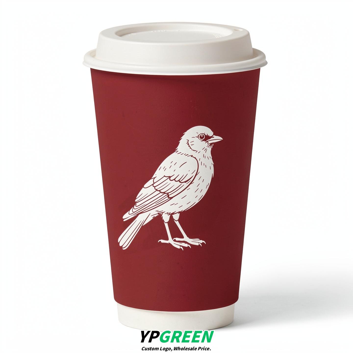 Crimson Paper Cups with Bird Logo & Lids 8-24oz