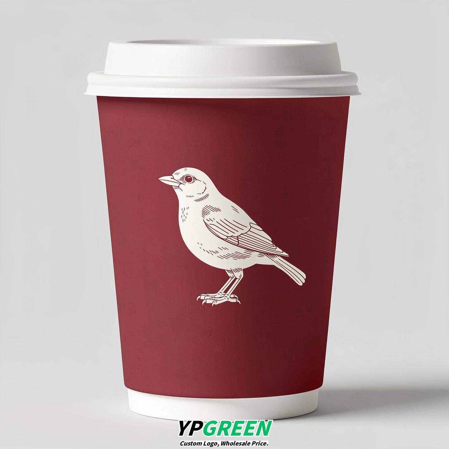 Crimson Paper Cups with Bird Logo & Lids 8-24oz