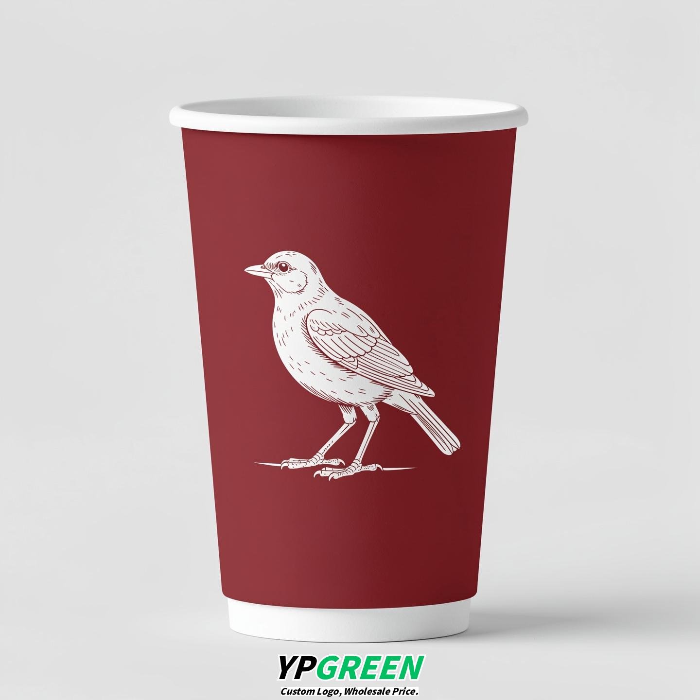 Crimson Paper Cups with Bird Logo & Lids 8-24oz