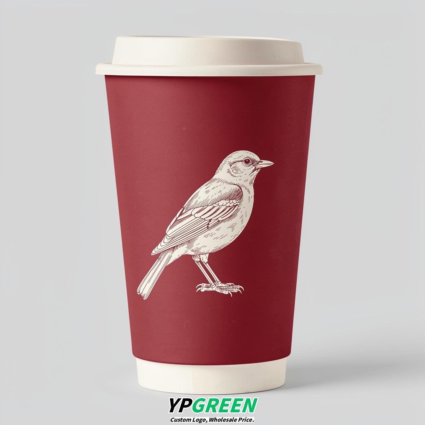 Crimson Paper Cups with Bird Logo & Lids 8-24oz