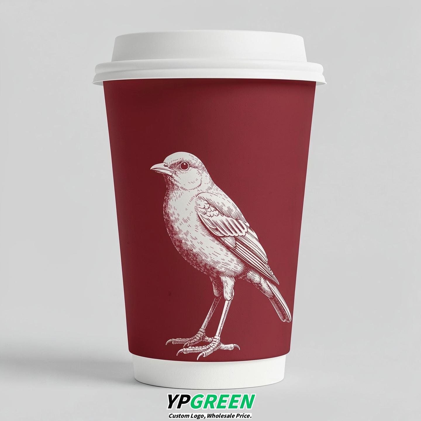 Crimson Paper Cups with Bird Logo & Lids 8-24oz