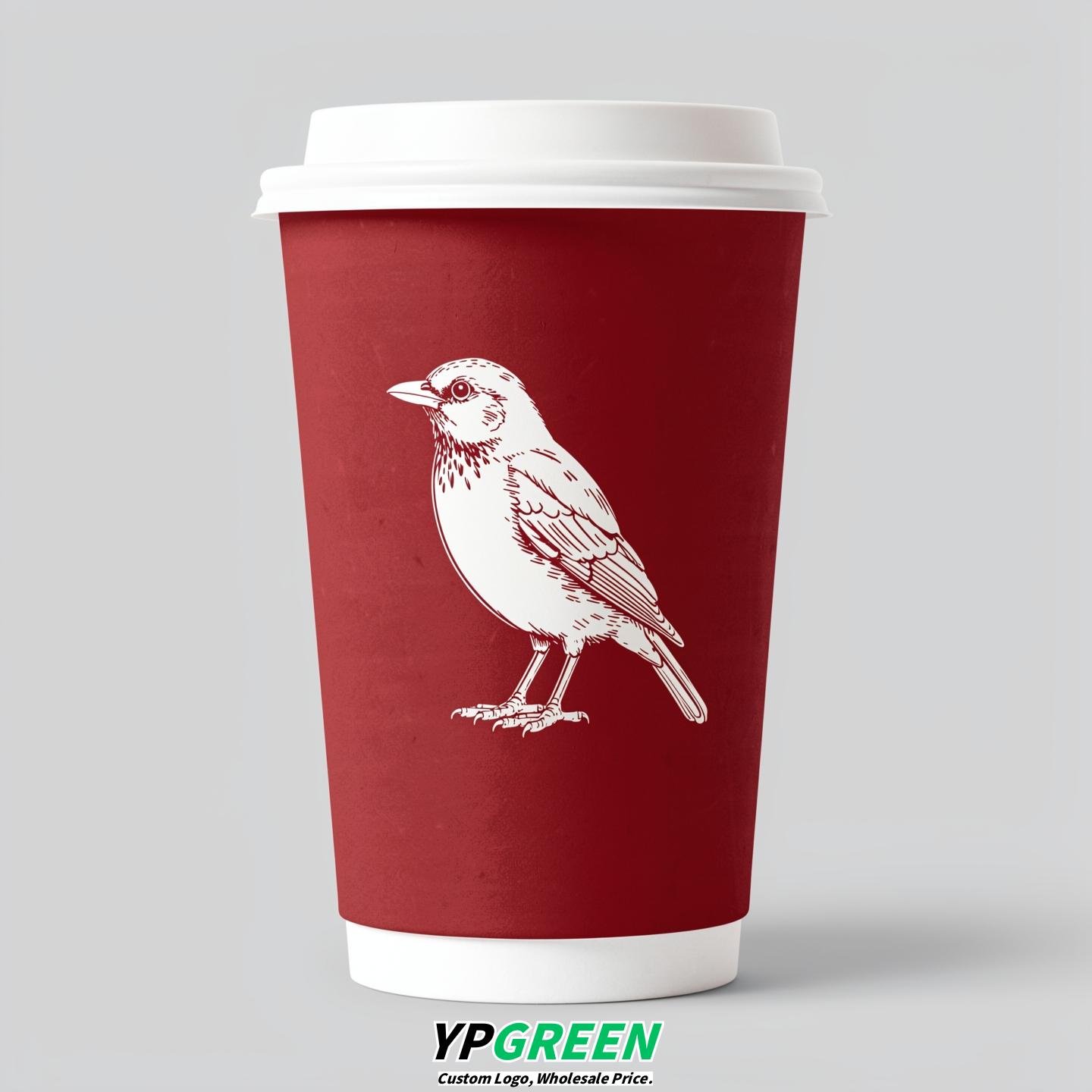 Crimson Paper Cups with Bird Logo & Lids 8-24oz