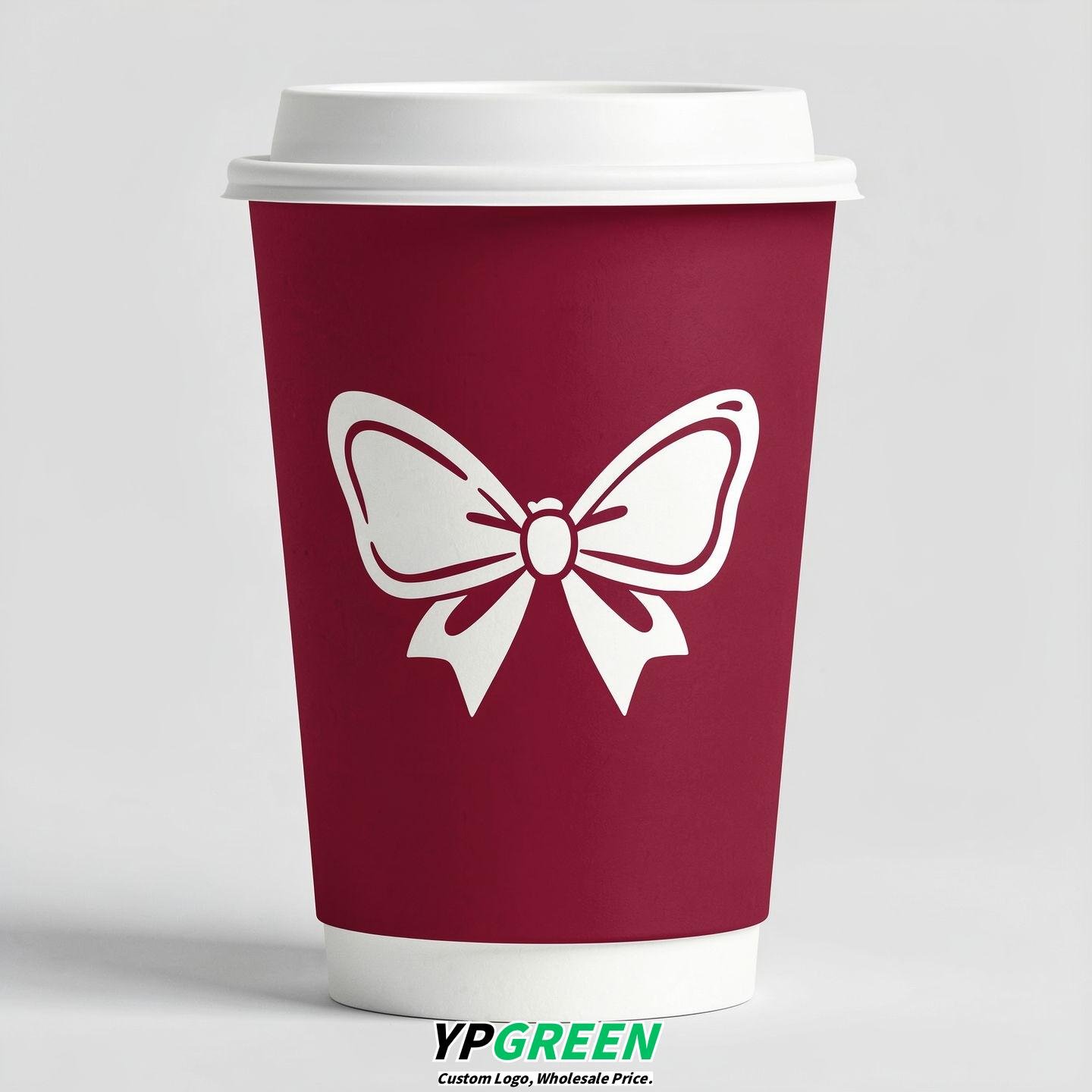Crimson Paper Cups with Bow Logo & Lids 8-24oz