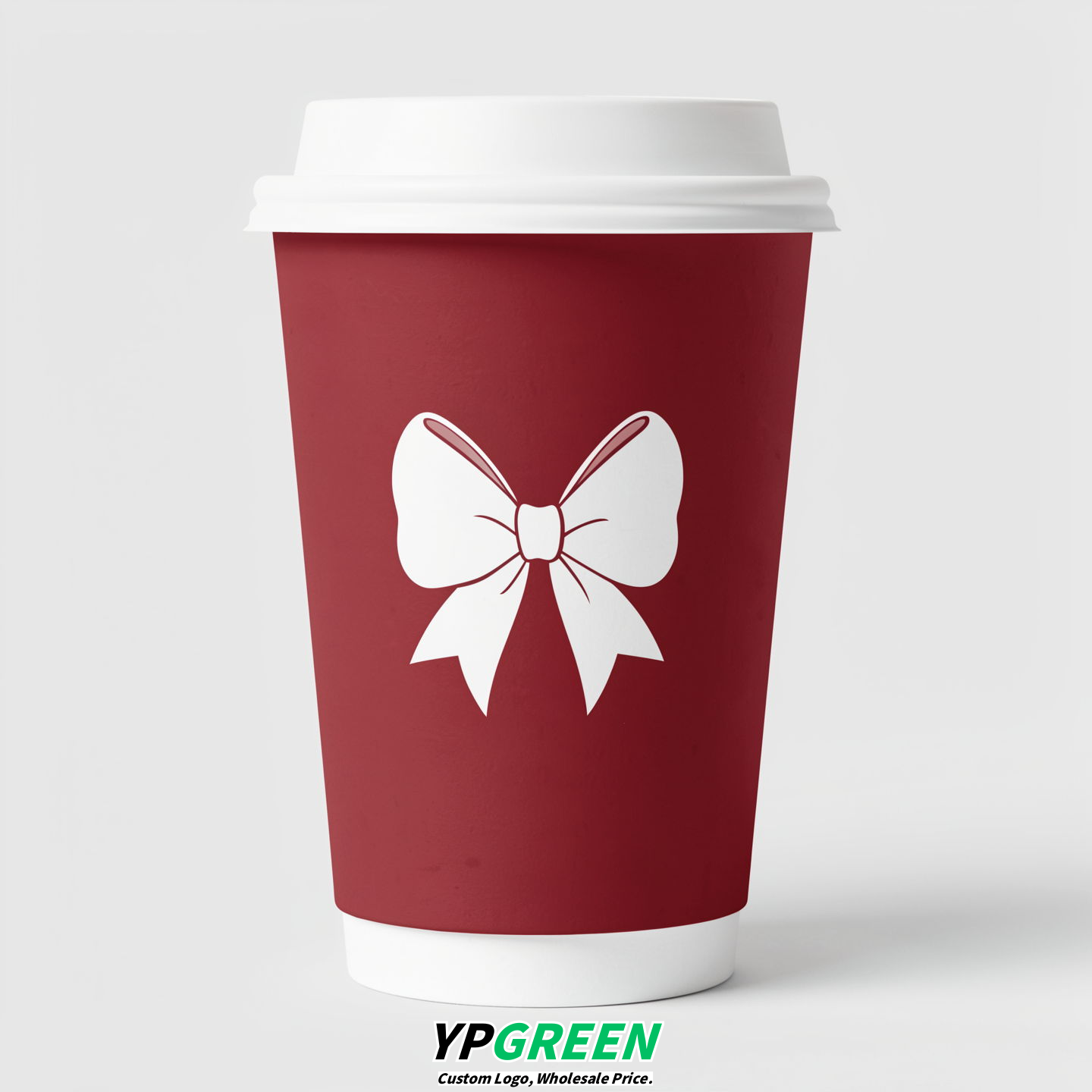 Crimson Paper Cups with Bow Logo & Lids 8-24oz