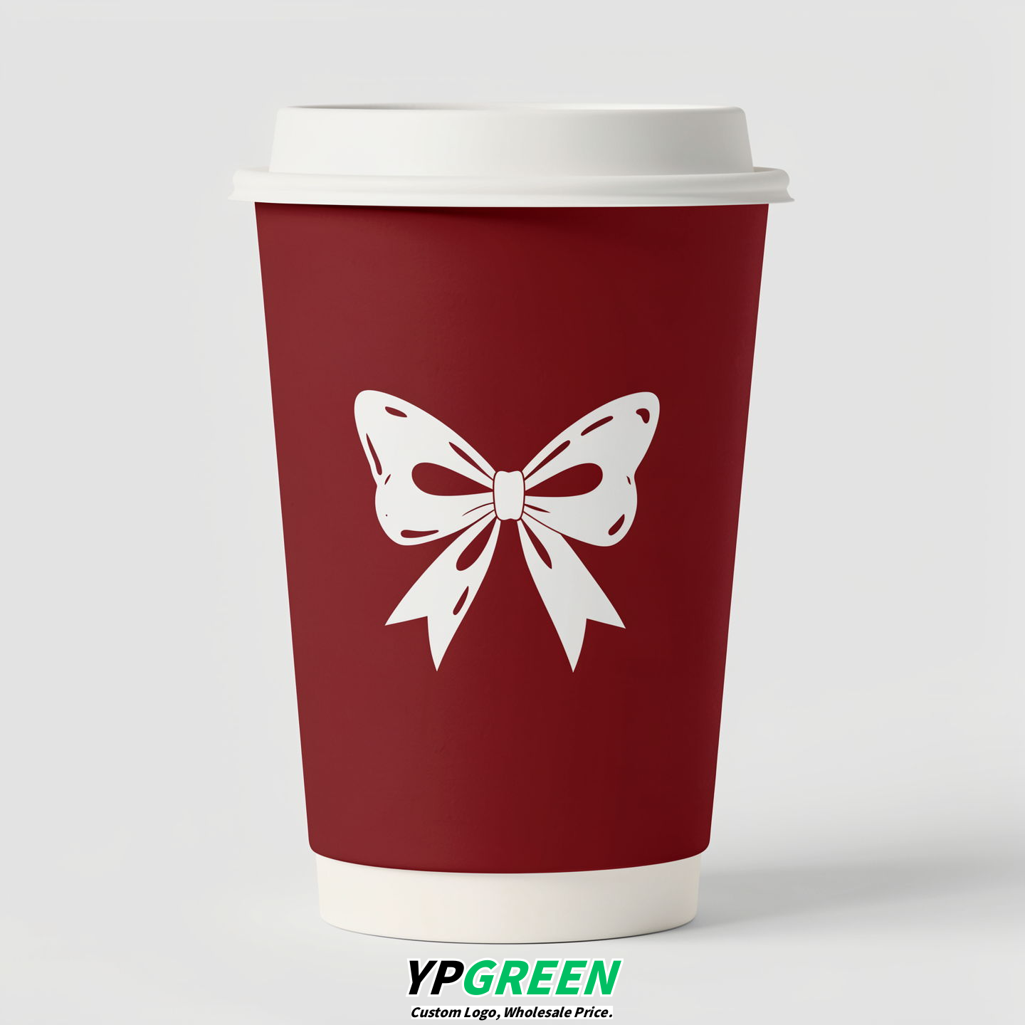 Crimson Paper Cups with Bow Logo & Lids 8-24oz