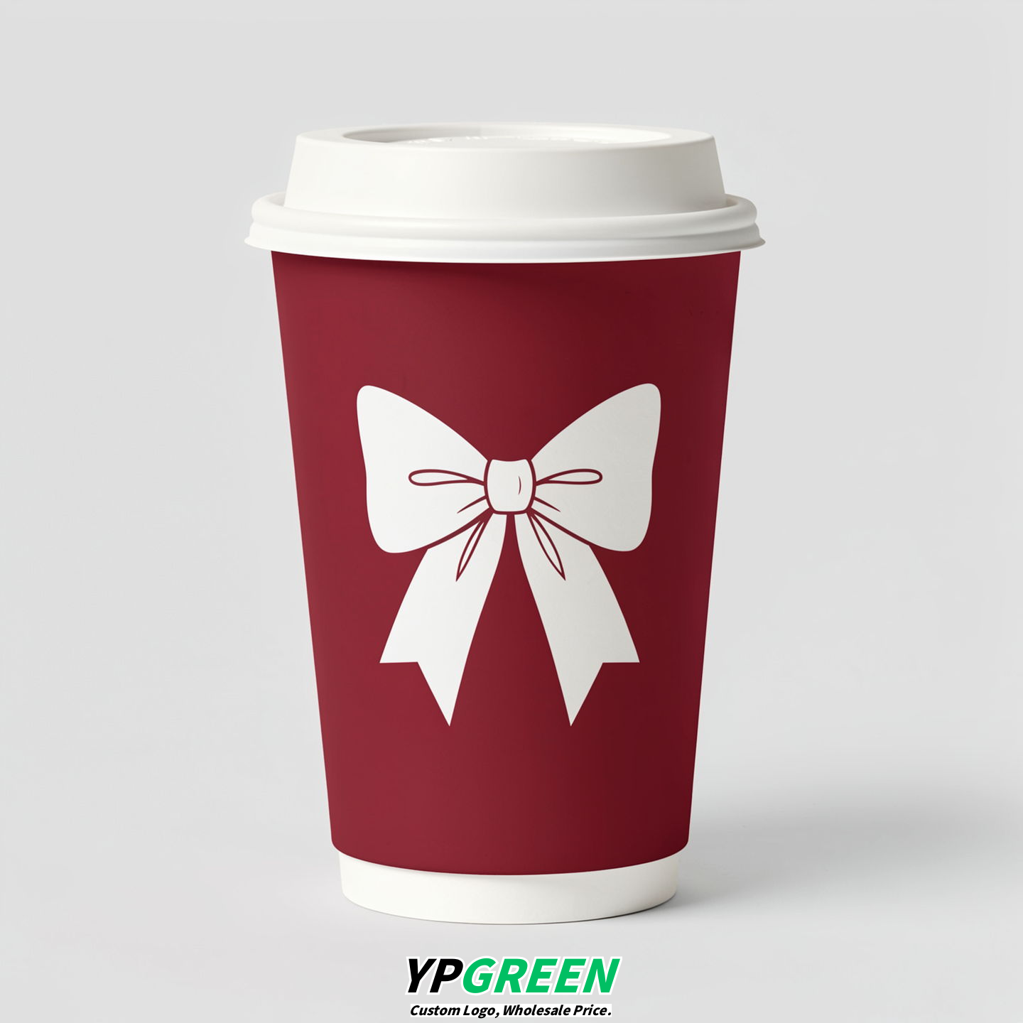 Crimson Paper Cups with Bow Logo & Lids 8-24oz