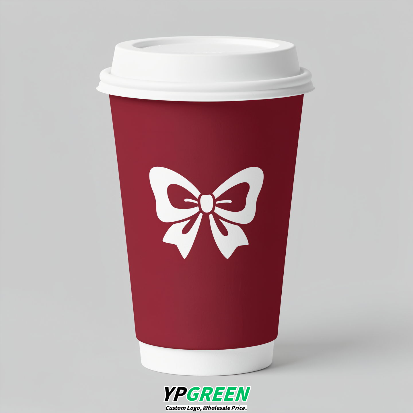 Crimson Paper Cups with Bow Logo & Lids 8-24oz