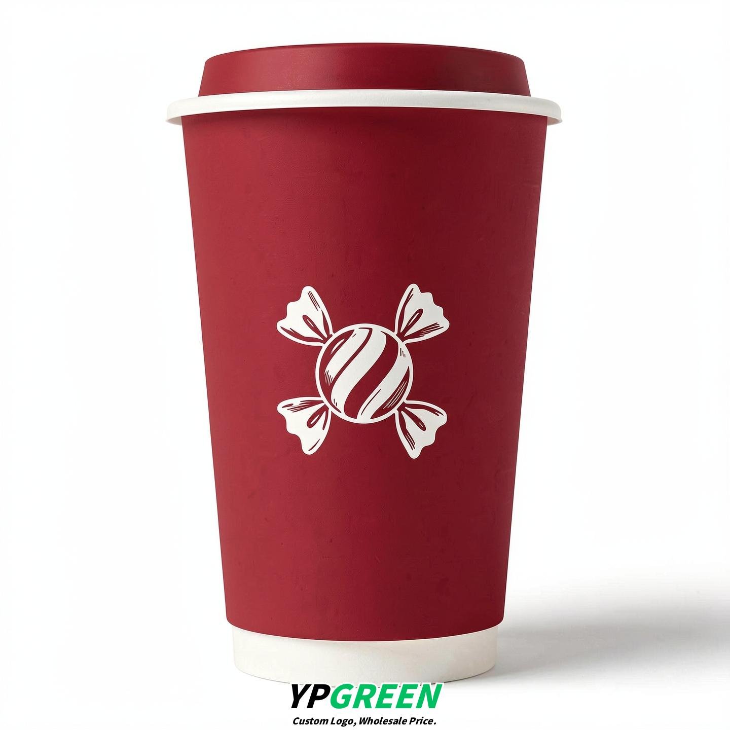 Crimson Paper Cups with Candy Logo & Lids 8-24oz