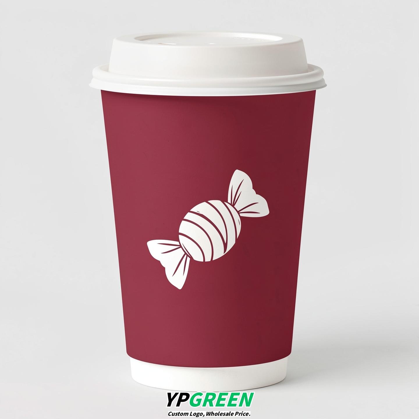 Crimson Paper Cups with Candy Logo & Lids 8-24oz