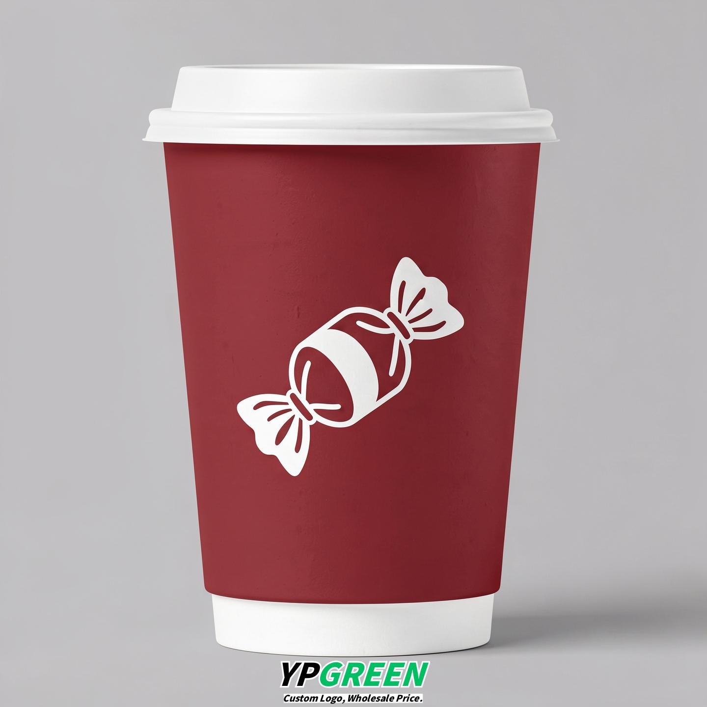 Crimson Paper Cups with Candy Logo & Lids 8-24oz