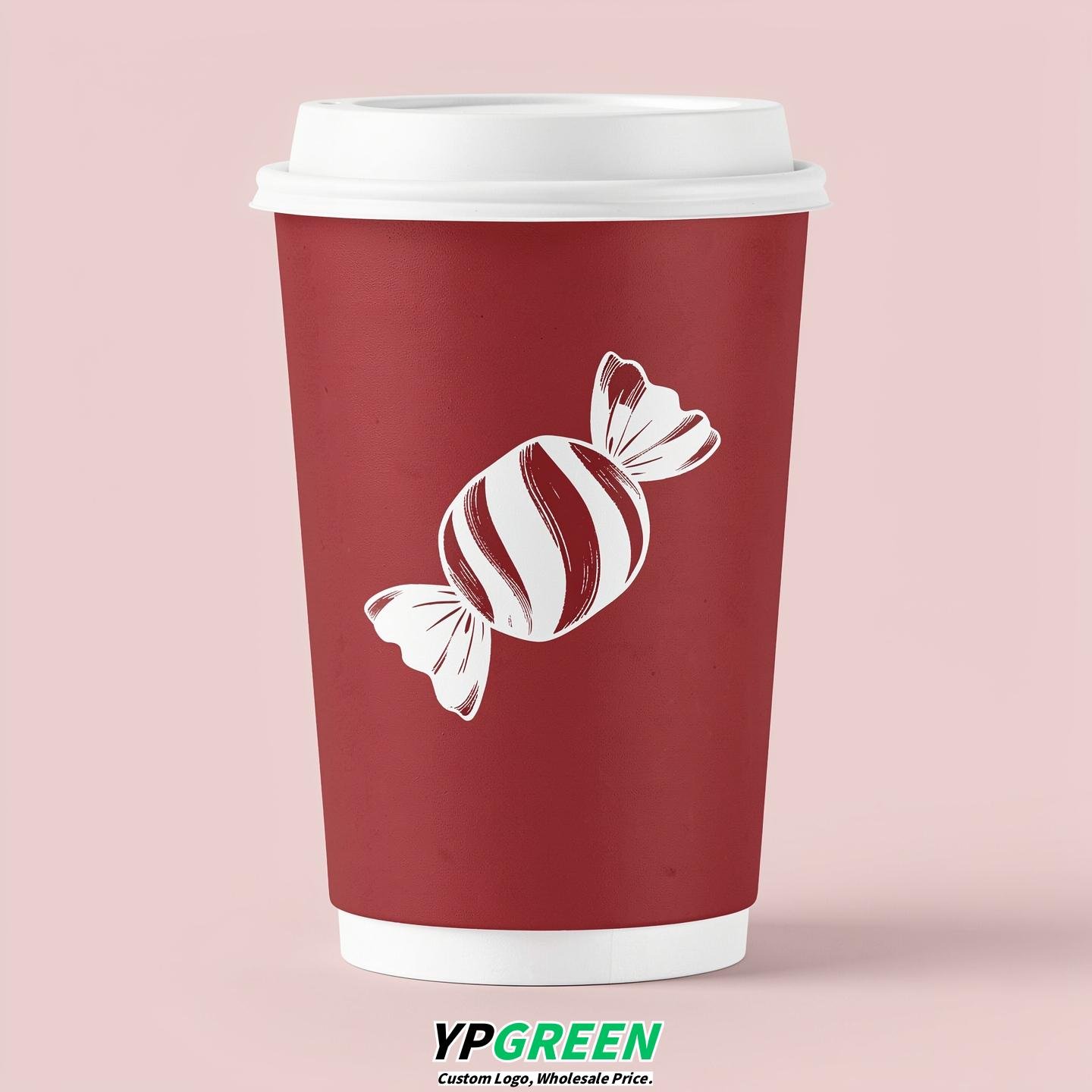 Crimson Paper Cups with Candy Logo & Lids 8-24oz