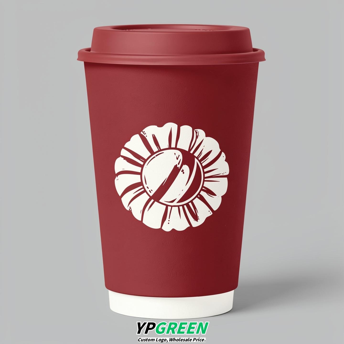 Crimson Paper Cups with Candy Logo & Lids 8-24oz
